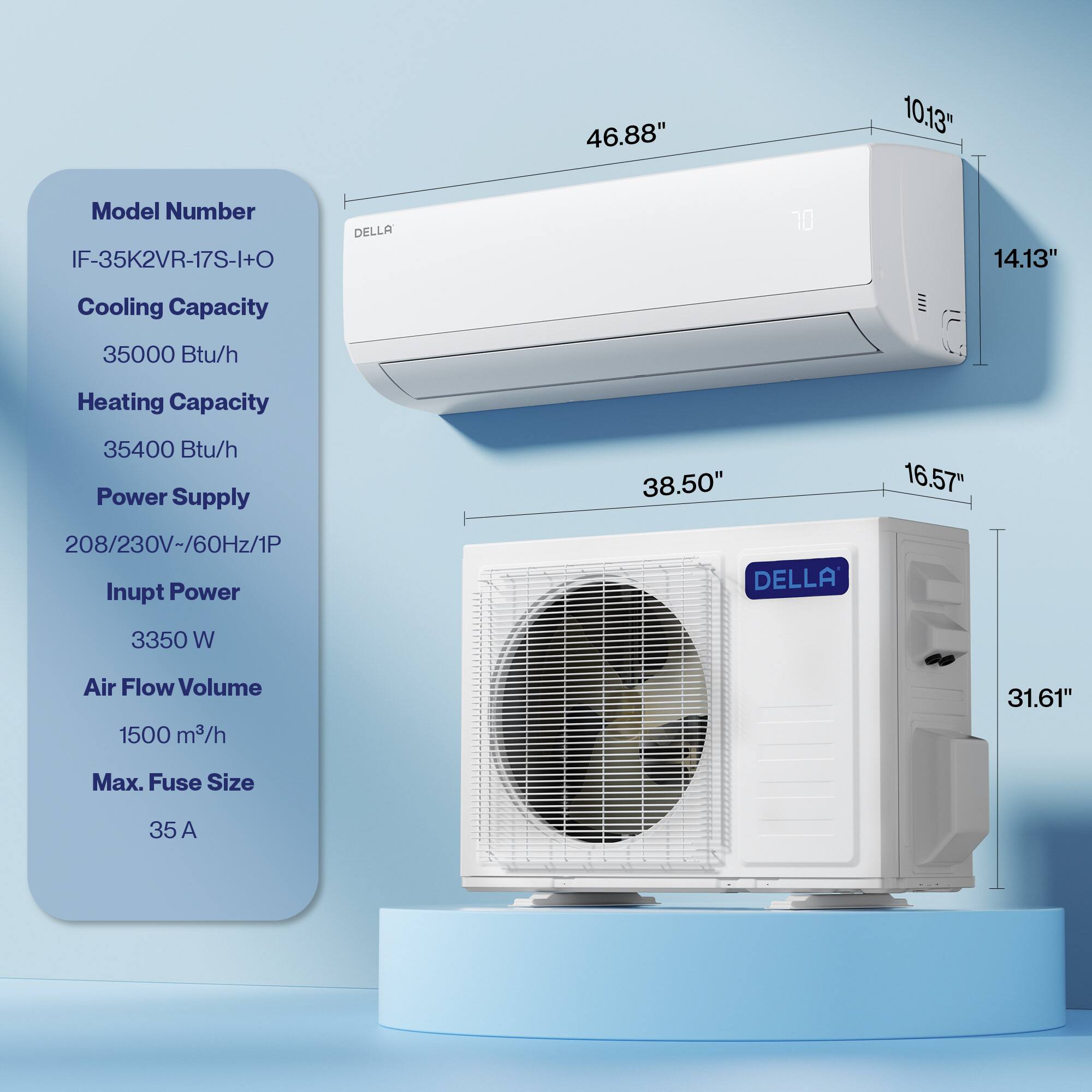 46.88" 10.13" Model Number IF-35K2VR-17S-I+O DELLA  
14.13" Cooling Capacity 35000 Btu/h  
Heating Capacity 35400 Btu/h  
Power Supply 38.50" 16.57" 208/230V~/60Hz/1P  
Input Power DELLA 3350 W  
Air Flow Volume 1500 m³/h  
Max. Fuse Size 35 A