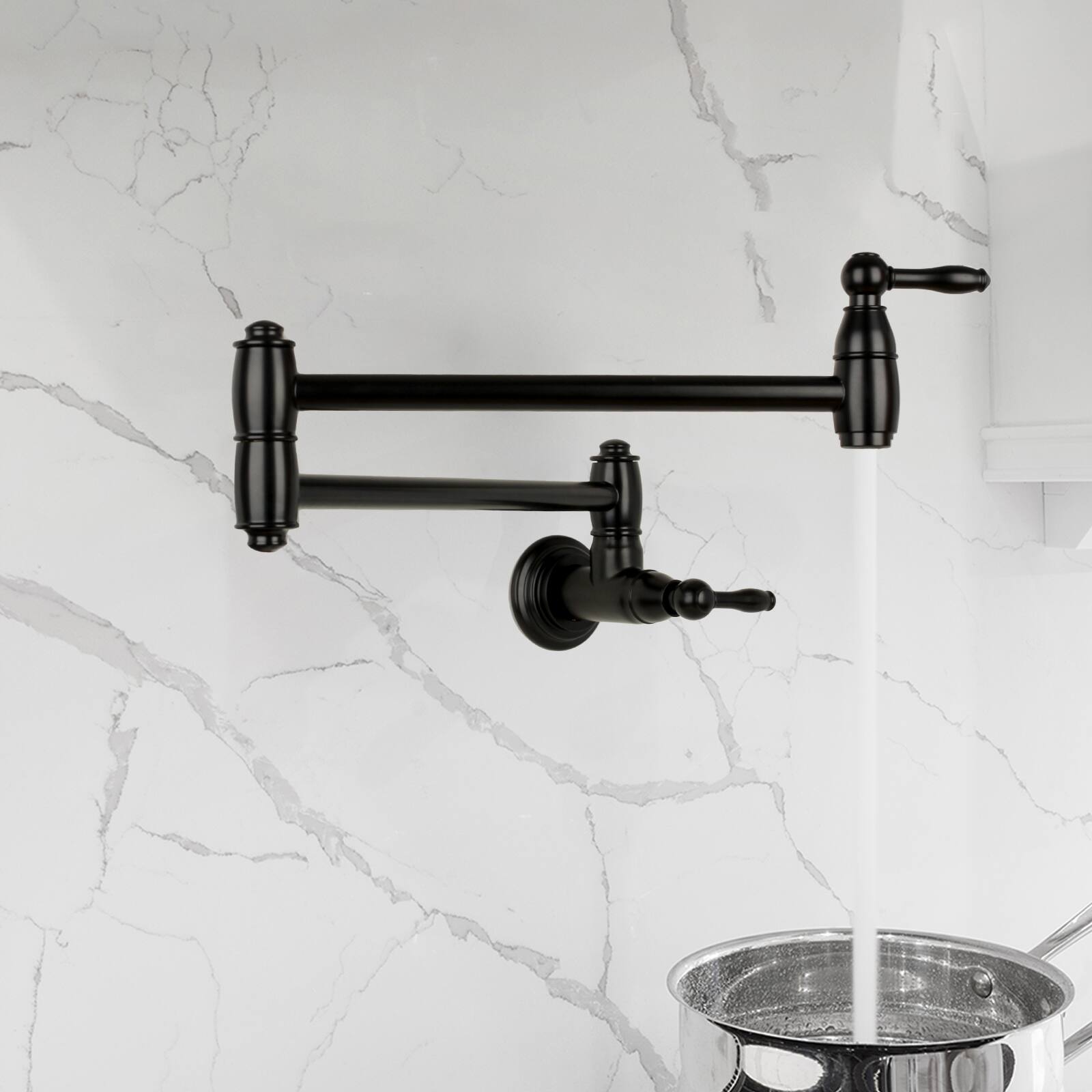 Alt View 3. Akicon - Akicon Wall-Mounted Solid Brass Pot Filler Kitchen Faucet with Dual Joint Swing Arms for Stovetop in Matte Black - Matte Black.