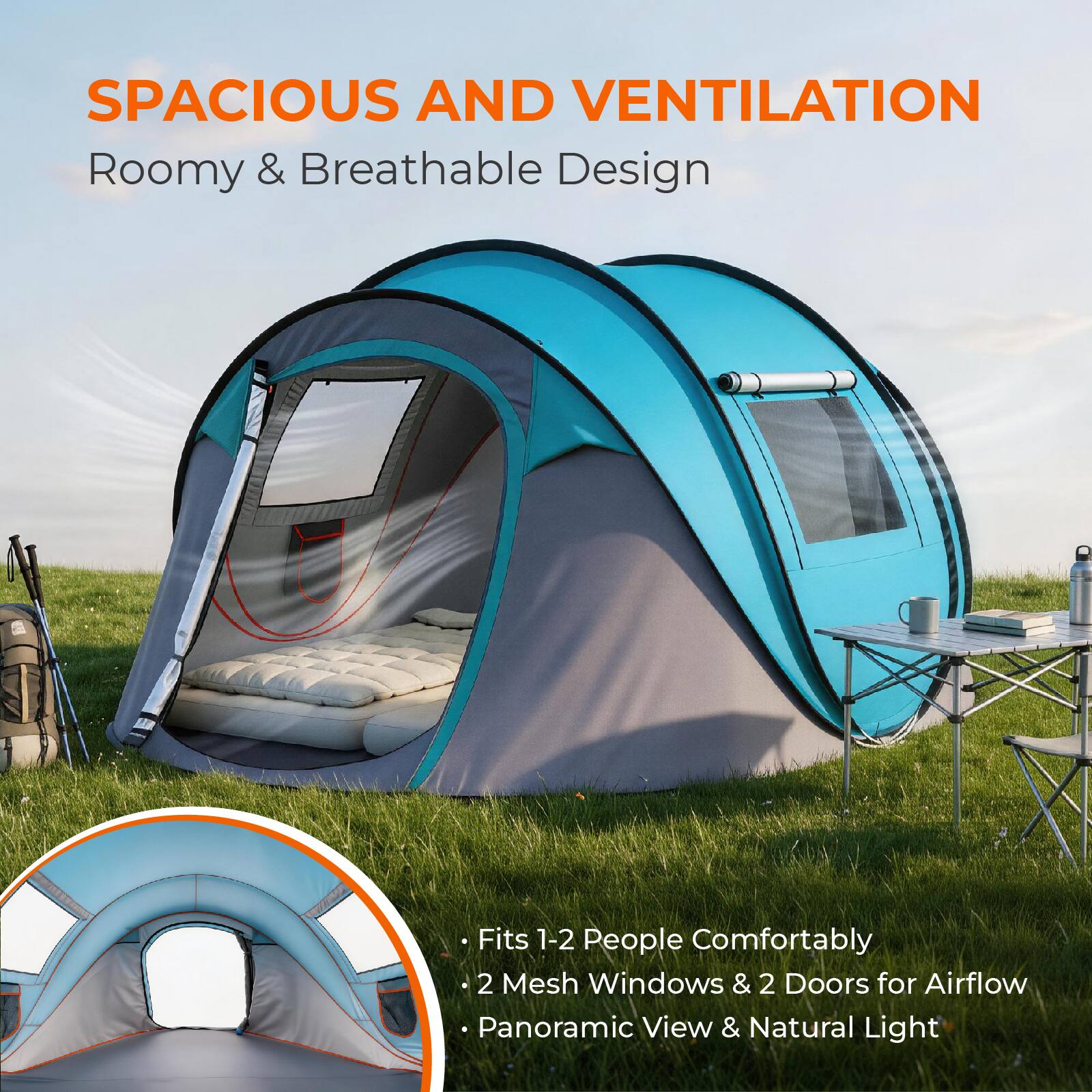 SPACIOUS AND VENTILATION  
Roomy & Breathable Design  

- Fits 1-2 People Comfortably  
- 2 Mesh Windows & 2 Doors for Airflow  
- Panoramic View & Natural Light