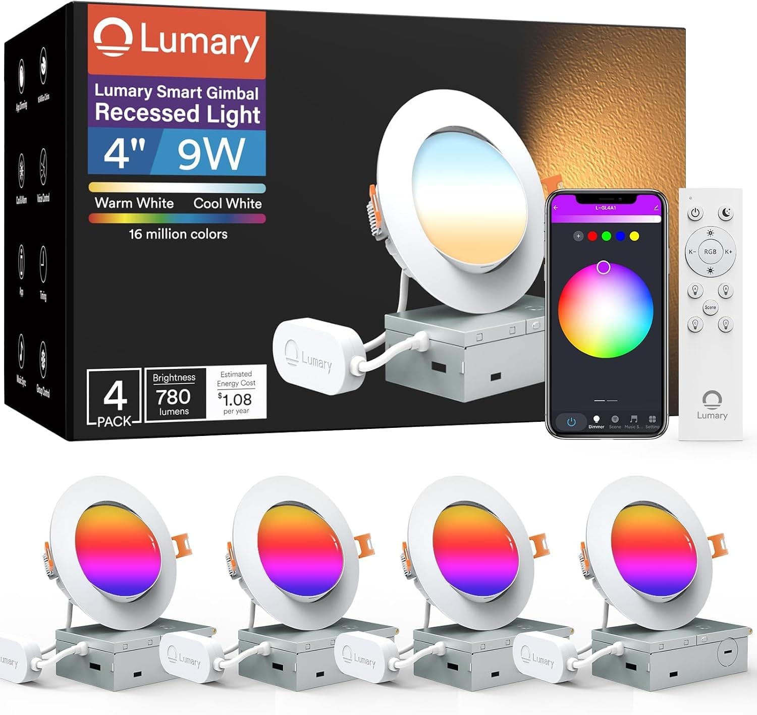 "Lumary - 4"" Smart Adjustable Gimbal RGBWW Recessed Ceiling Light, Wi-Fi Bluetooth, Works with Alexa & Google Assistant, 4-Pack - White" price history on PriceWatchPro