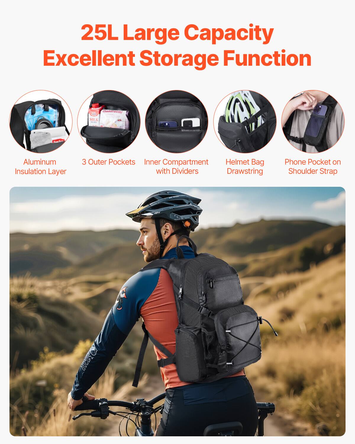25L Large Capacity  
Excellent Storage Function  

- Aluminum Insulation Layer  
- 3 Outer Pockets  
- Inner Compartment with Dividers  
- Helmet Bag Drawstring  
- Phone Pocket on Shoulder Strap
