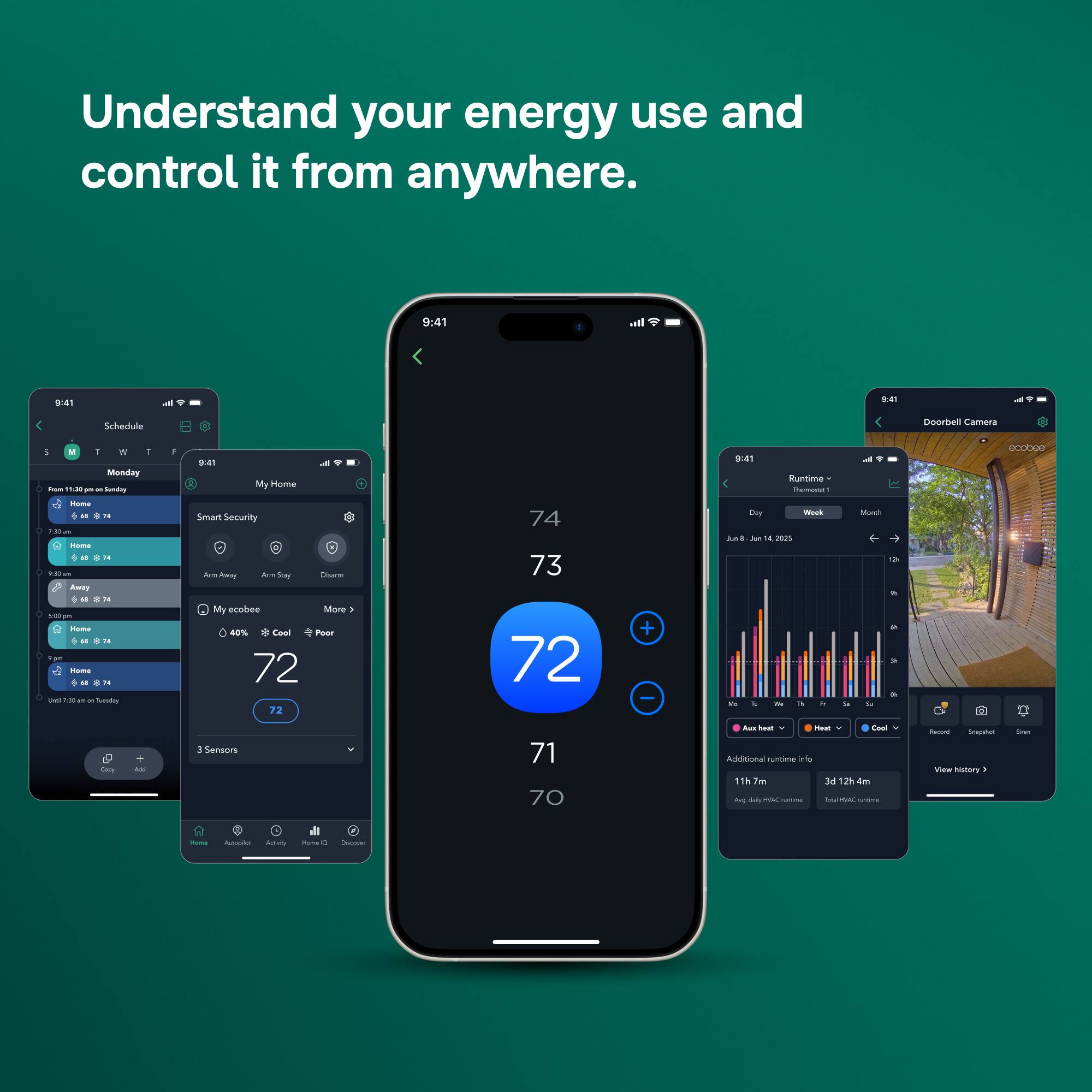Understand your energy use and control it from anywhere.

9:41
9:41
9:41
Schedule
Doorbell Camera
5 M T N T Monday from 11:20 pm " Sunday
9:41
My Home
9:41
Runtime Thermustal
eccoee
Home  8 74 7:00 27 Home M 9:30am Away  SN  5:00 on Home N Pan Home 8 N DAS 00 - on Tuesdey
Smart Security Am Away Am Stay Disarm My ecobee More 40% Cool Poor 72 72
74 73 72
+
Day Wook Jun 8 Jun H 2025 Be
Month n de 0% &
Copy
Apple
: Sensors
71 70
Aux hest Meat Cool Additional runtime info 11h 7m 3d 4M  daily MAC unte Total MAC unte
Record Snapphot View history -
Love
Home
Butopist Refivity
- C
Share