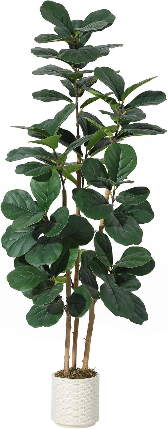 Back. Homhougo - 6FT Artificial Fiddle Leaf Fig Tree, Realistic Faux Ficus with Bendable Leaves for Living Room Office Decor - Green.