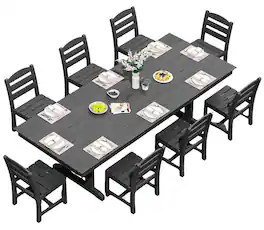 SERWALL - 9 Piece 84" HDPE Outdoor Dining Set for 8 with Armless Chairs and Umbrelle Hole - Black