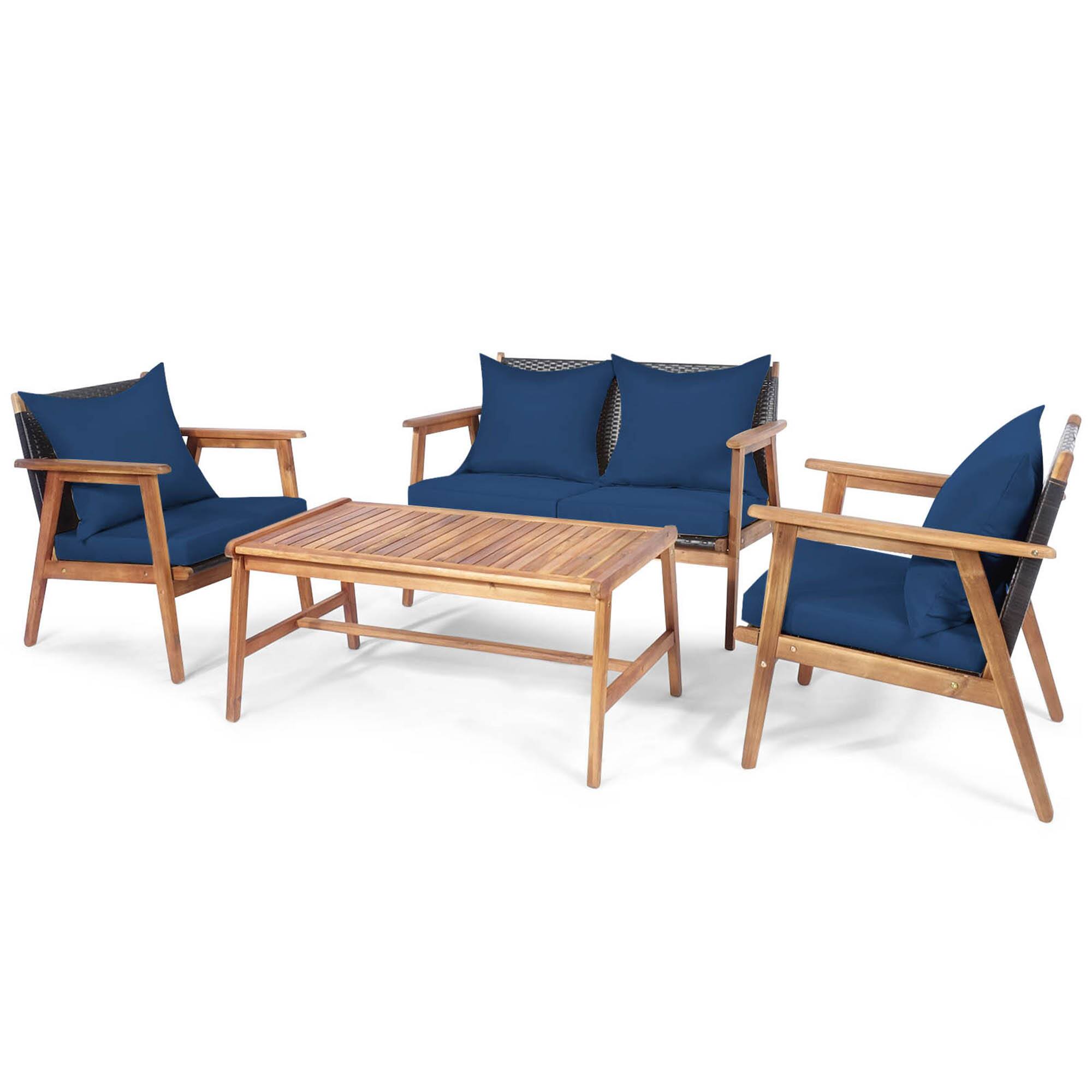 Alt View 8. Gymax - Gymax 4PCS Patio Conversation Set Wood Frame Furniture Set w/ Navy Cushions - Navy.
