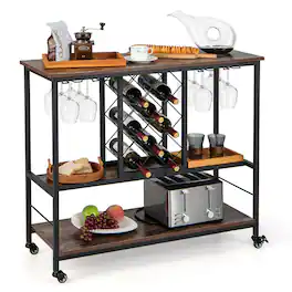 Gymax - Industrial Liquor Bar Cart Rolling Kitchen Serving Cart w/ Wine Rack Glass Holder - Rustic Brown ,Black