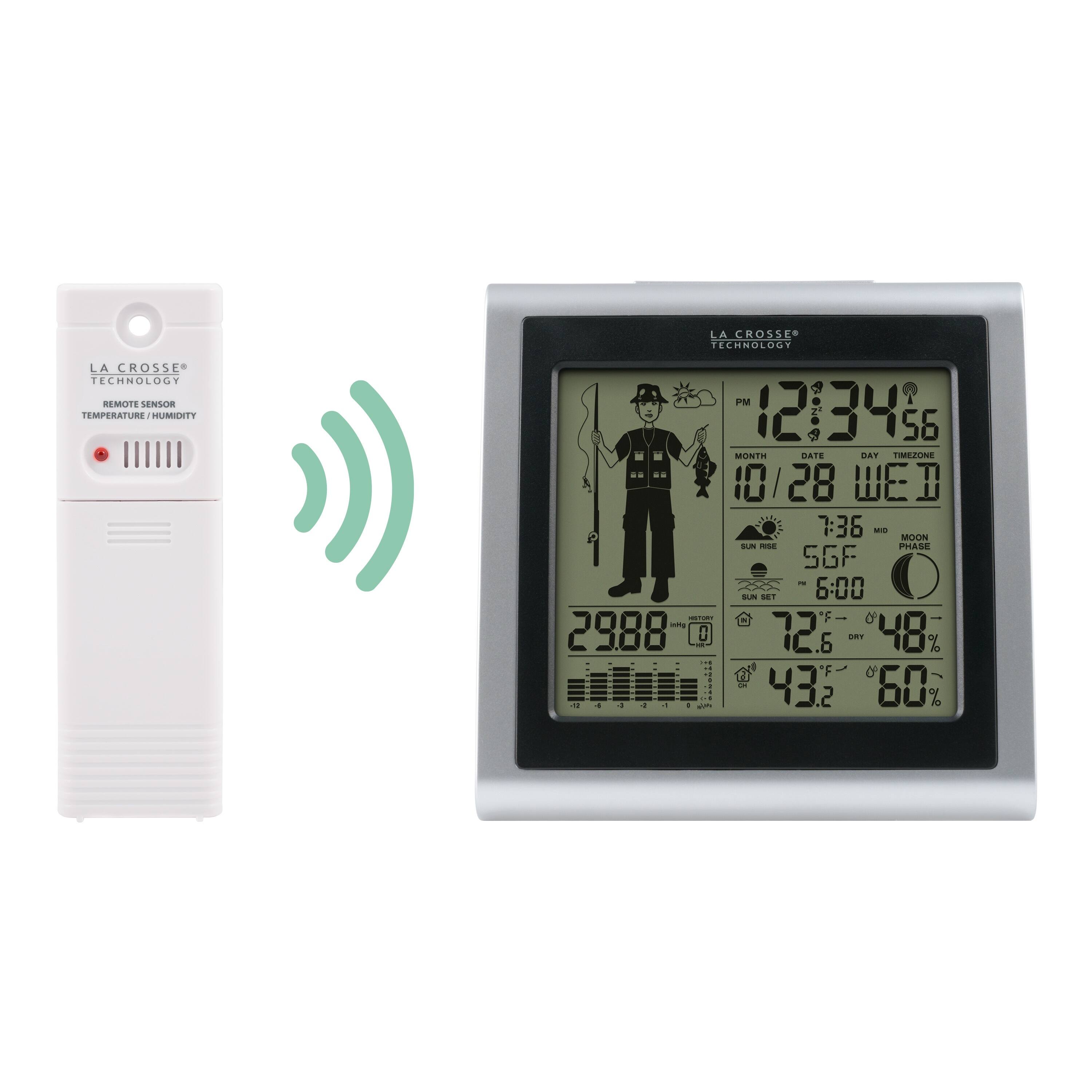 LA CROSSE TECHNOLOGY REMOTE SENSOR TEMPERATURE / HUMIDITY

LA CROSSE TECHNOLOGY PM 12:34:56  
MONTH 10 / DATE 28 / DAY WED  
TIMEZONE 7:36 MID  
MOON PHASE SGF  
SUNRISE 5:00  
2988  
72.5°F - 48°F  
43.2°F - 60%