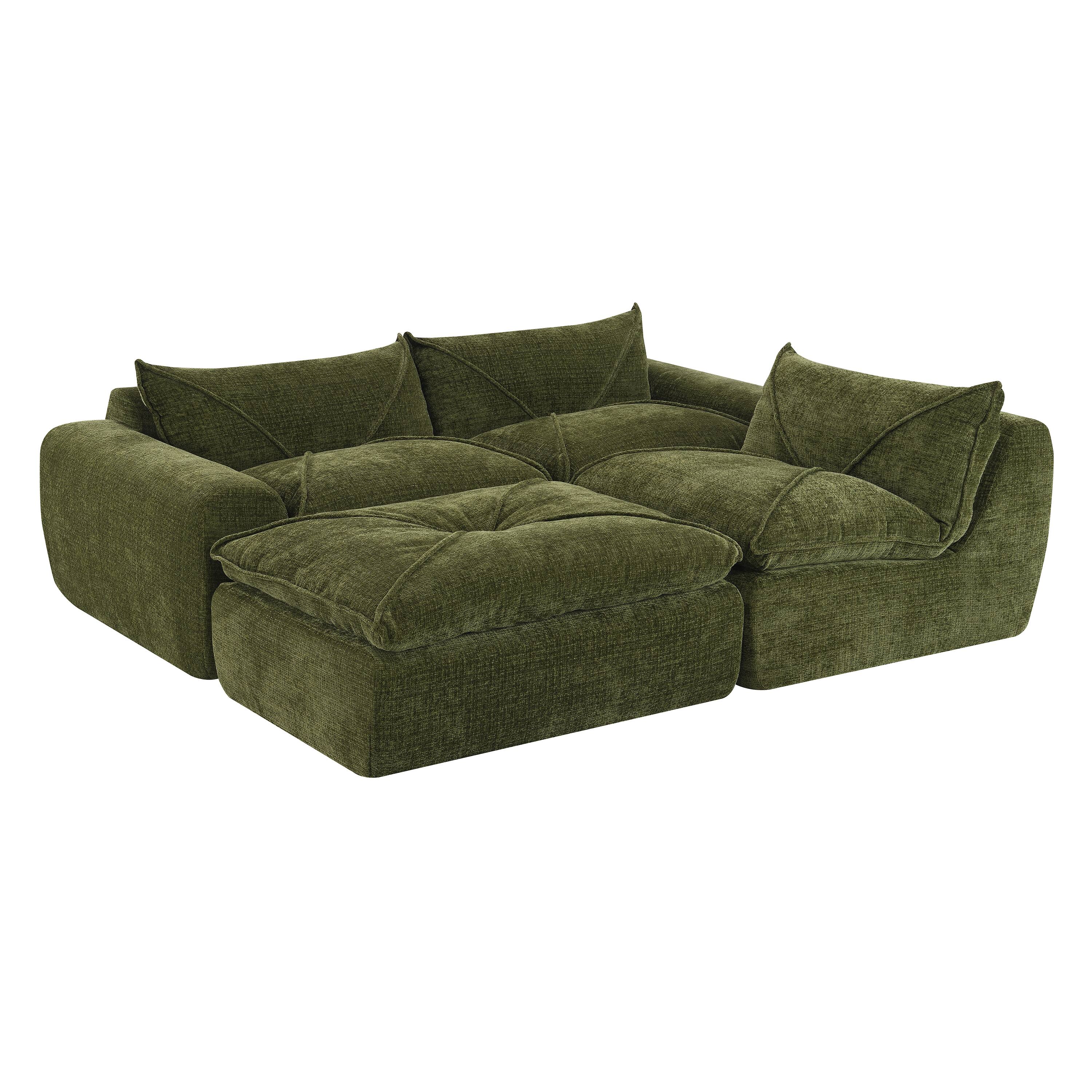 Back. Whisen - Fully Assembled Sectional Sofa with Ottoman,High-Density Foam Legless Floor Couch - Green.