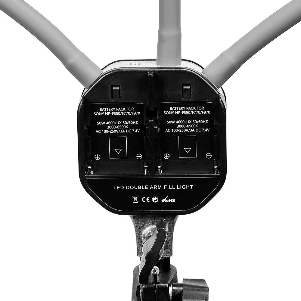 BATTERY PACK FOR SONY NP-F550/F770/F970  
50W 4600LUX 50/60HZ  
AC 100-250V/3A DC 7.4V  

BATTERY PACK FOR SONY NP-F550/F770/F970  
50W 4600LUX 50/60HZ  
AC 100-250V/3A DC 7.4V  

LED DOUBLE ARM FILL LIGHT  
CE  
RoHS