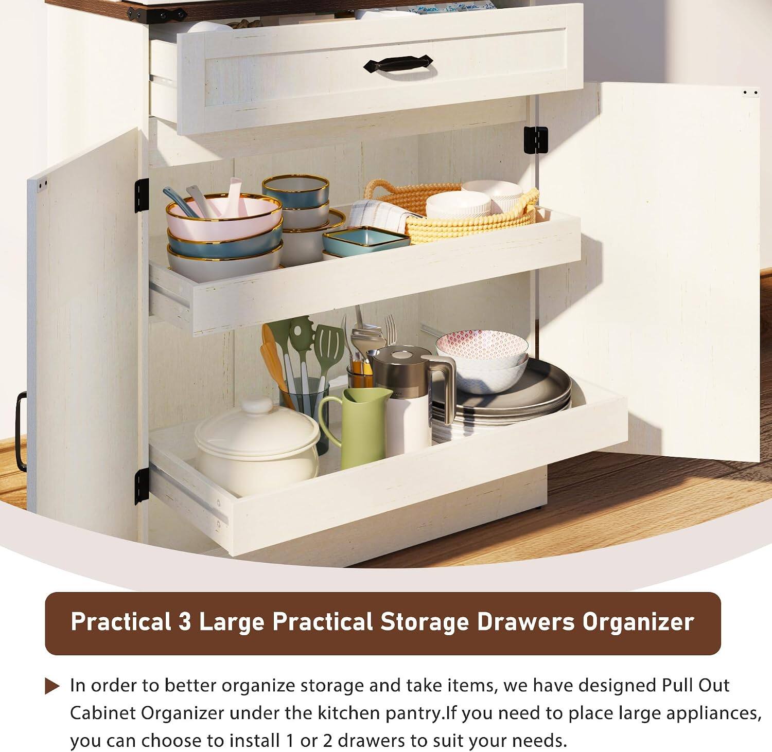 Practical 3 Large Practical Storage Drawers Organizer

In order to better organize storage and take items, we have designed Pull Out Cabinet Organizer under the kitchen pantry. If you need to place large appliances, you can choose to install 1 or 2 drawers to suit your needs.