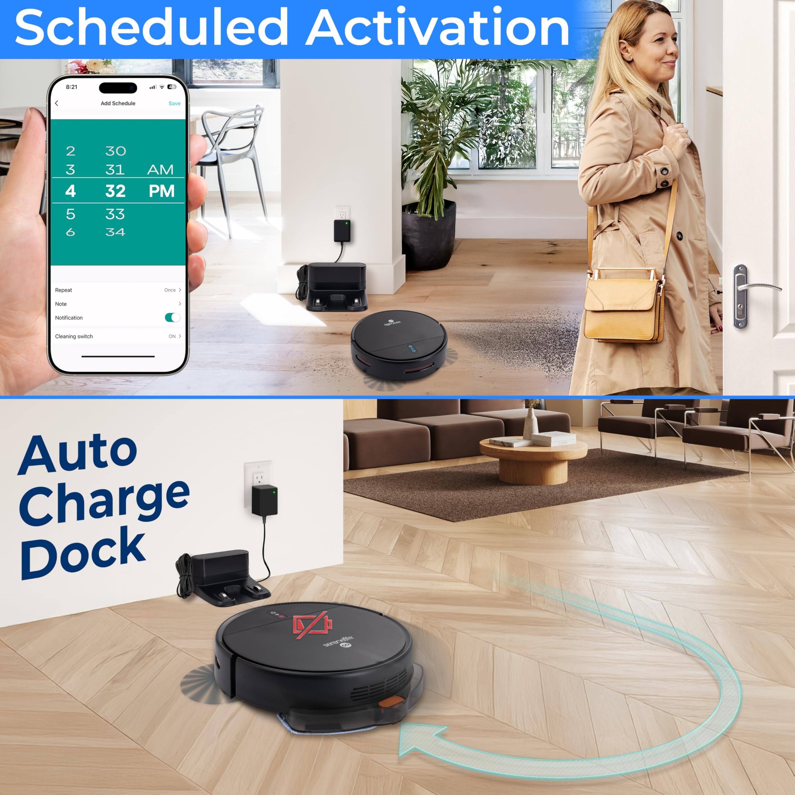 Scheduled Activation

Add Schedule

2 30 AM  
3 31  
4 32 PM  
5 33  
6 34

Repeat  
Once >  
Notification  
Clearing switch  
On >

Auto Charge Dock
