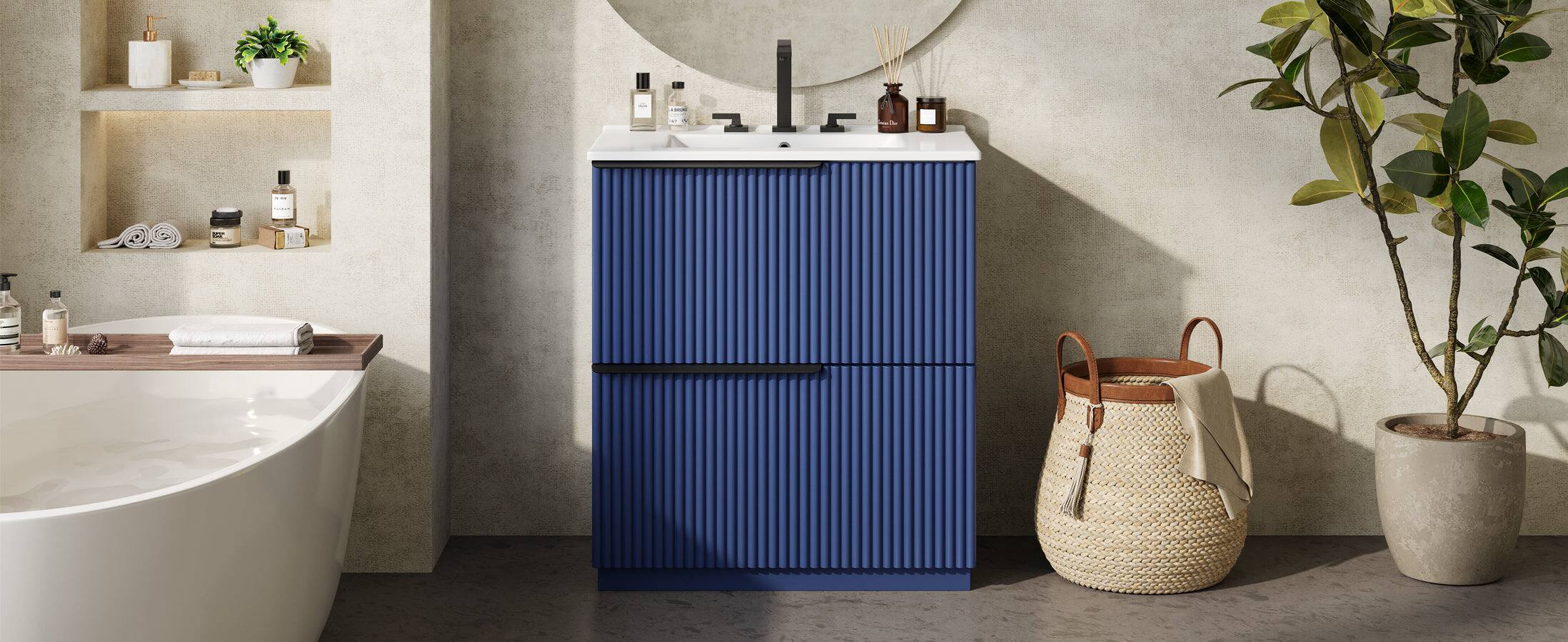 Alt View 9. Boyel Living - 30 Inch Bathroom Vanity with Ceramic Sink Full Extension Drawers Soft Close Fluted Design Blue - Blue.