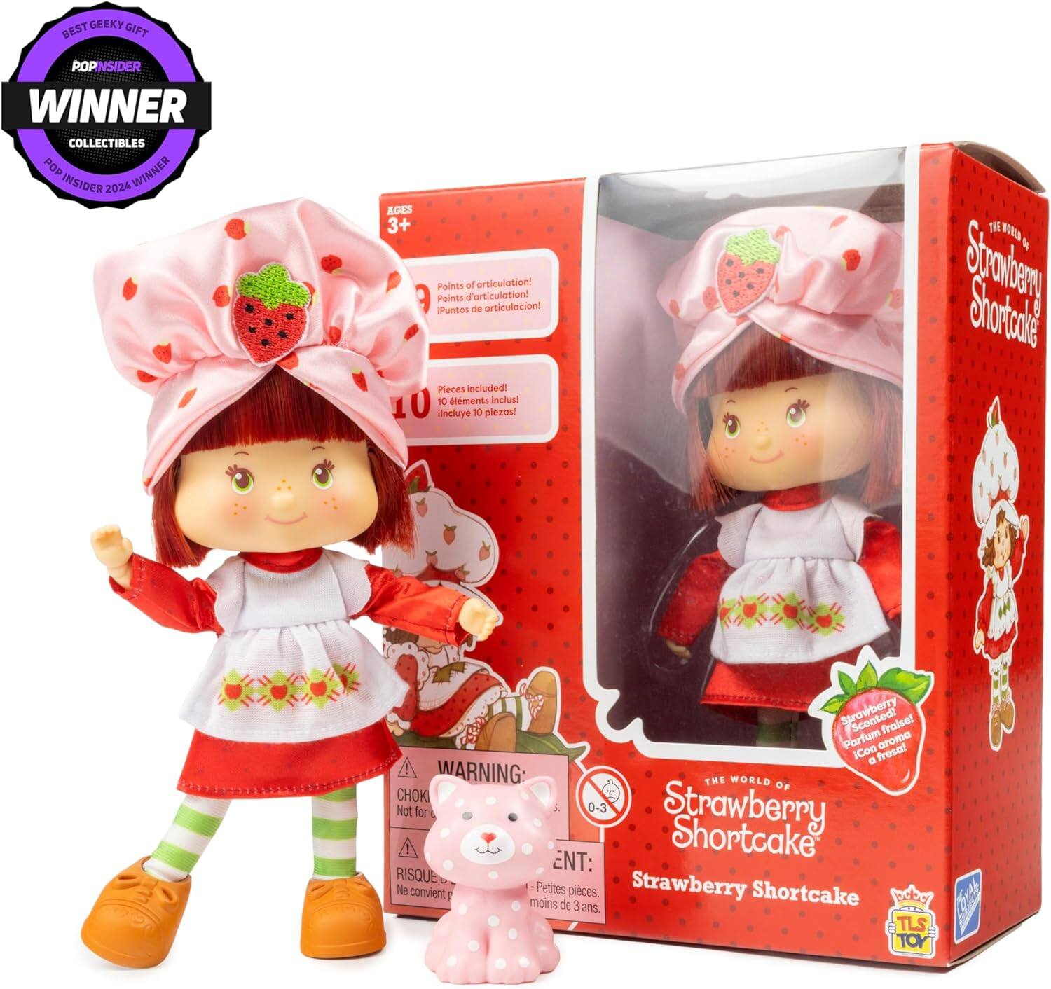 GEEKY BEST GIFT POPINSIDER WINNER COLLECTIBLES POP WINNER INSIDER 2024 AGES 3+ Paints articulation! Points d'articulation! Puntos de articulacion! Pieces included! 10 10 dlments inclus! incluye 10 piezas! THE WORLD OF STRAWBERRY SHORTCAKE fraise! Parfum aromo iCon . fresa! WARNING THE WORLD OF CHOK Not for A 0-3 Strawberry Shortcake ENT: RISQUE Ne convient moins Petites pieces. Strawberry Shortcake de 3 ans. TLS TO