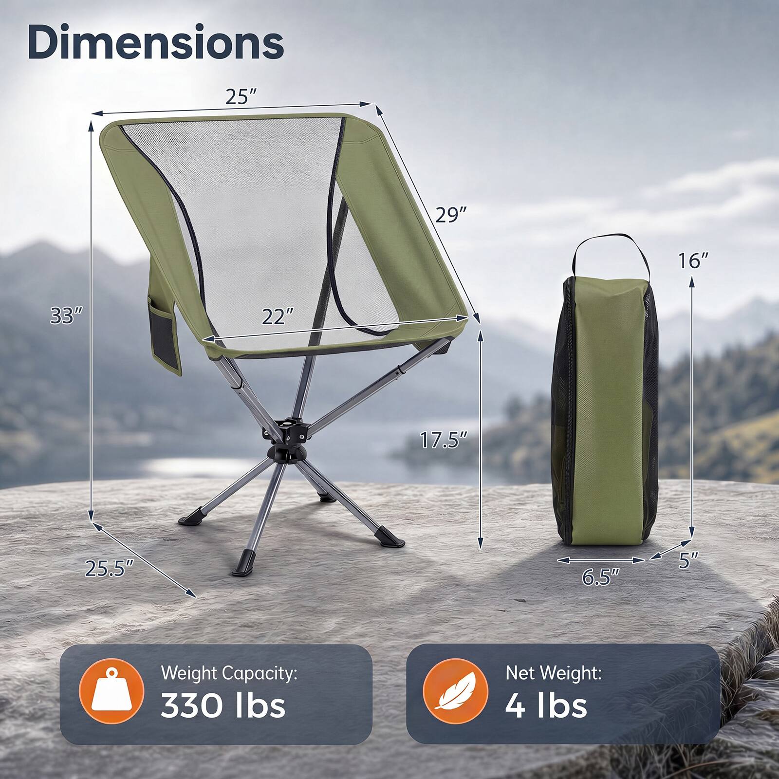 Dimensions: 25" x 29" x 16" x 33" x 22" x 17.5" x 25.5" x 6.5" x 5"  
Weight Capacity: 330 lbs  
Net Weight: 4 lbs