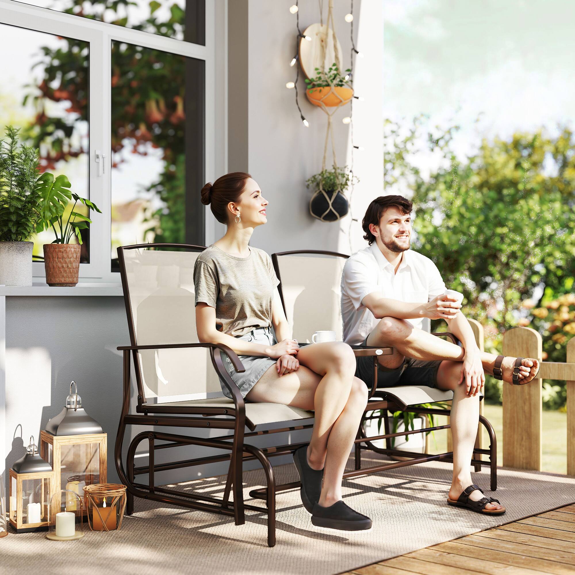 Alt View 1. Outsunny - Glider Bench with Center Table - Beige.