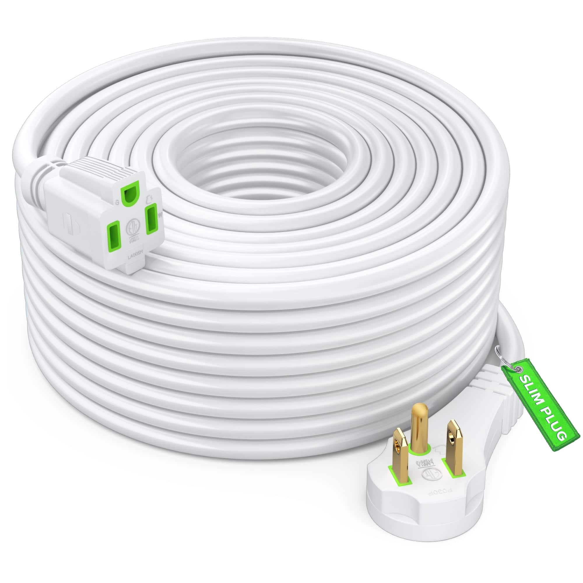 Maximm - Flat Plug Extension Cord 50 ft with Slim Space-Saving Plug Design, Low Profile Extension Cord 14AWG - White