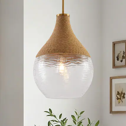 Front. Parrot Uncle - 1-Light Natural Modern Brass Hand-Woven Hemp Rope Hanging Lamp Pendant Light - Brass.
