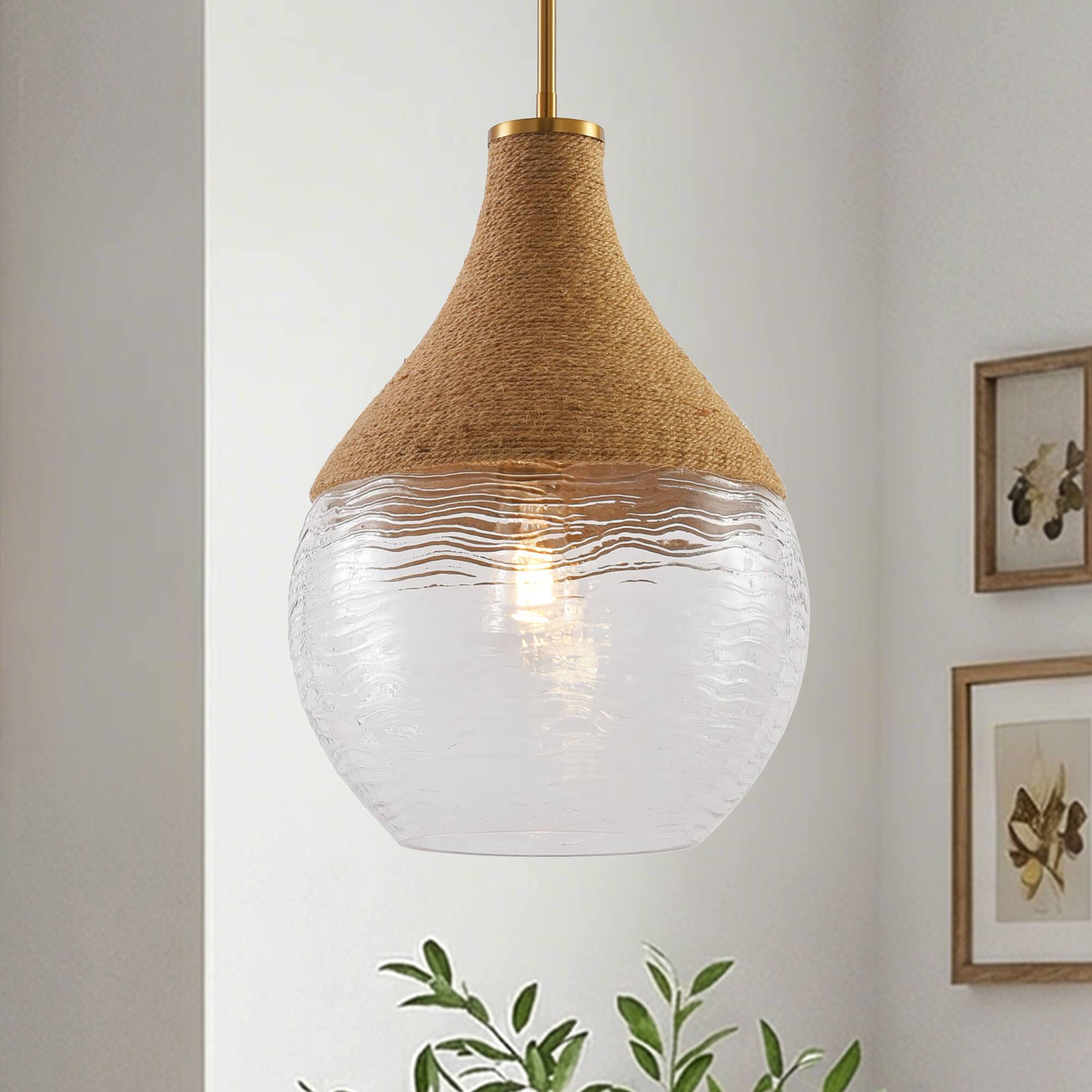Front. Parrot Uncle - 1-Light Natural Modern Brass Hand-Woven Hemp Rope Hanging Lamp Pendant Light - Brass.