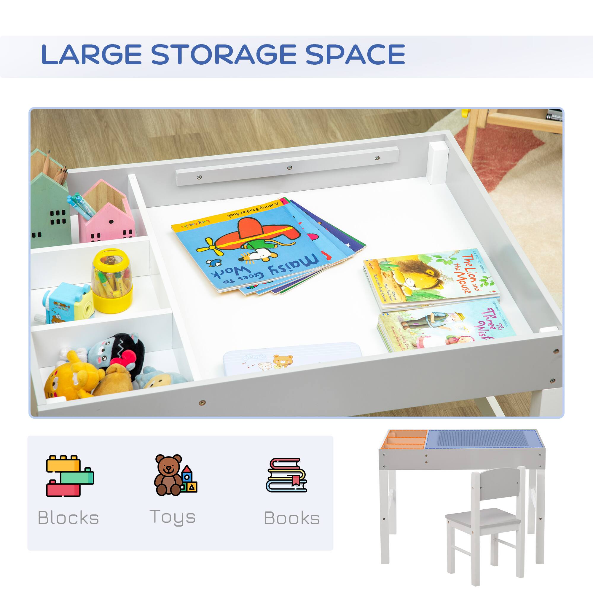 LARGE STORAGE SPACE

- Blocks
- Toys
- Books