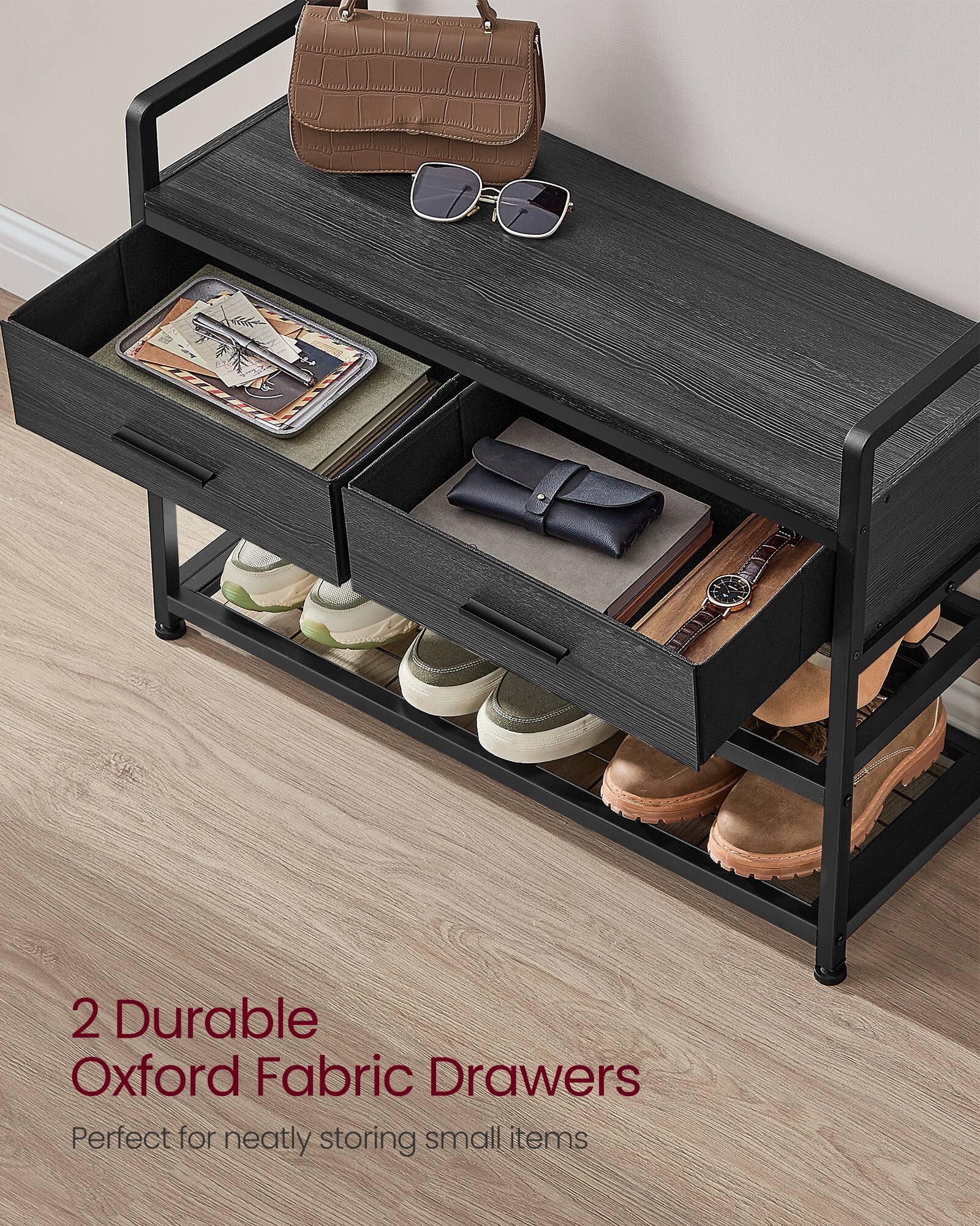 2 Durable Oxford Fabric Drawers  
Perfect for neatly storing small items