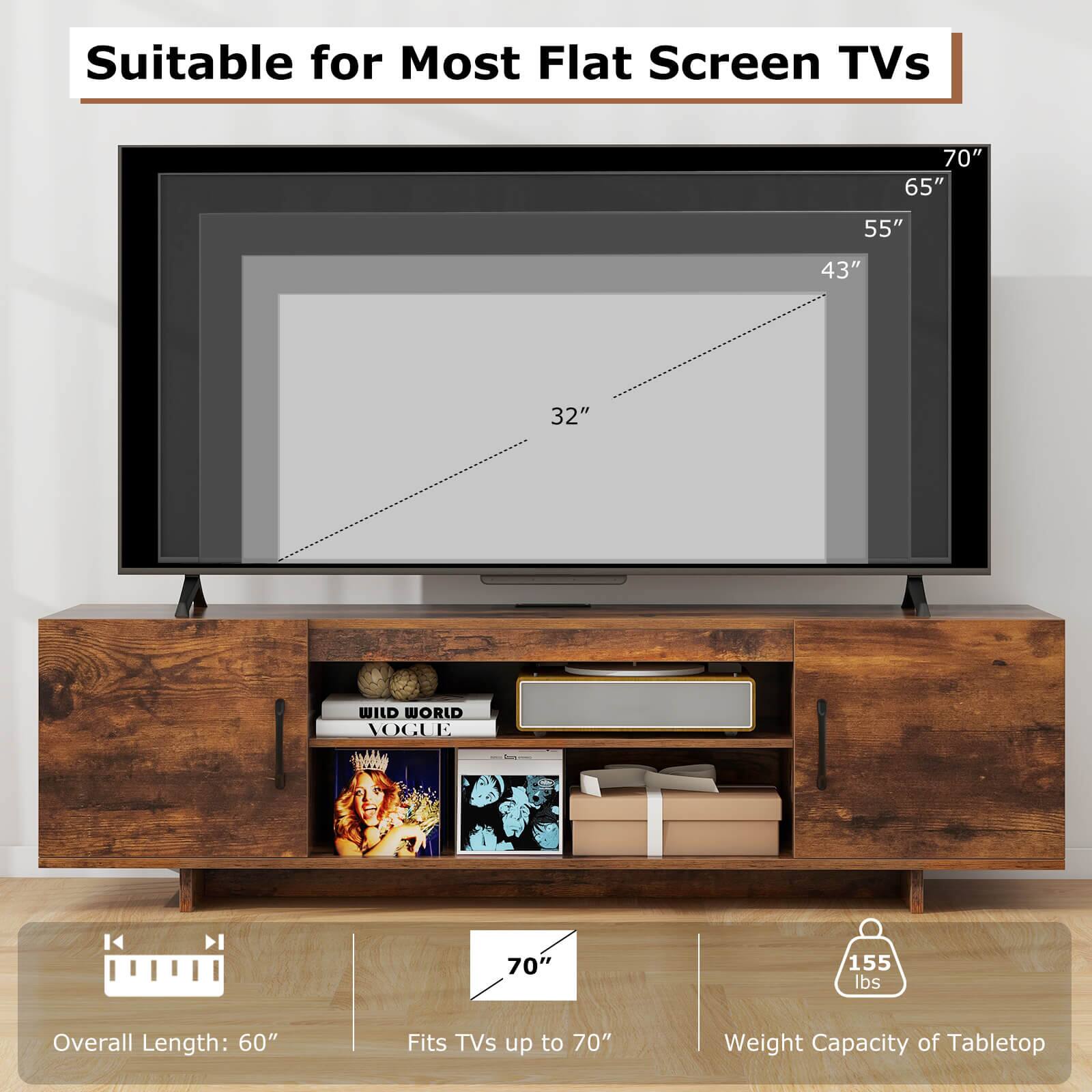 Suitable for Most Flat Screen TVs: 70", 65", 55", 43", 32"

Overall Length: 60"

Fits TVs up to 70"

Weight Capacity of Tabletop: 155 lbs