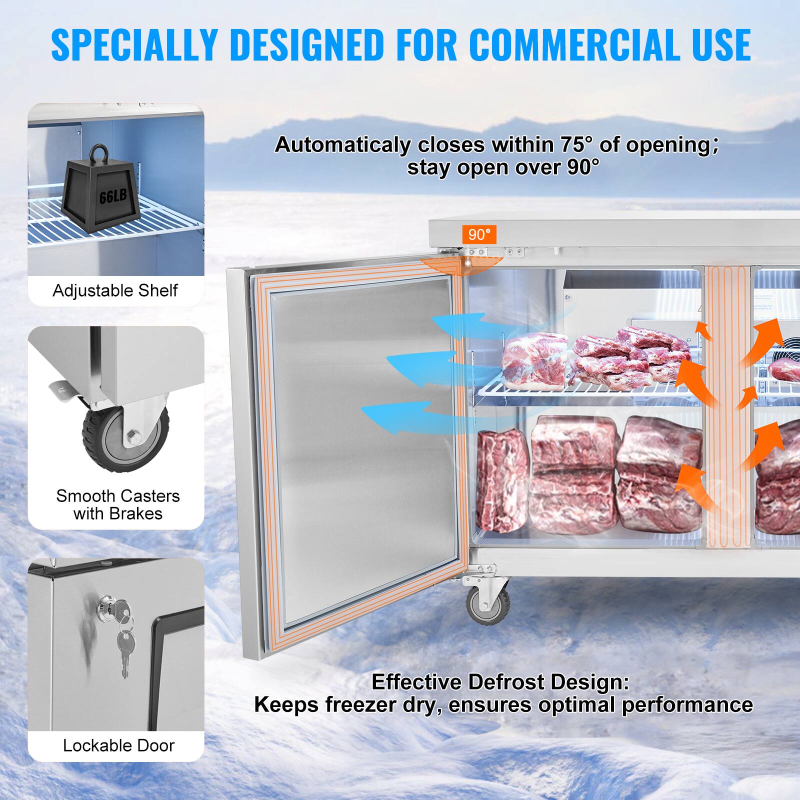 Specially Designed for Commercial Use

- Automatically closes within 75° of opening; stay open over 90°
- Adjustable Shelf
- Smooth Casters with Brakes
- Effective Defrost Design: Keeps freezer dry, ensures optimal performance
- Lockable Door