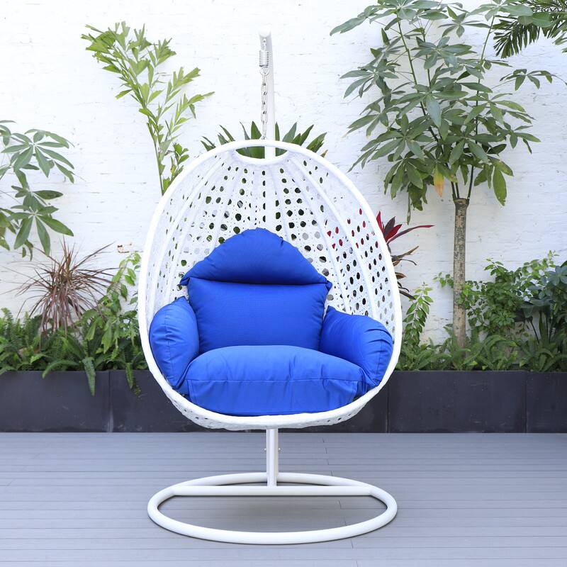 Back. LeisureMod - LeisureMod Modern Handwoven White Wicker Egg Swing Chair with Stand - Single Hanging Indoor/Outdoor Chair for Patio - Blue.