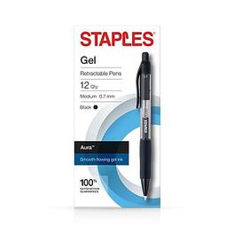 Staples - Aura Retractable Gel Pens, Medium Point, Dozen - Black Ink
