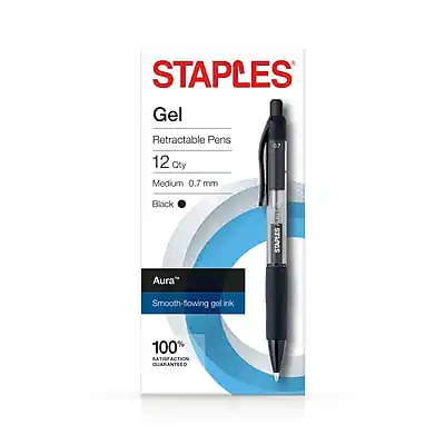 STAPLES Gel Retractable Pens
12 Qty
Medium 0.7 mm
Black
Aura™
Smooth-flowing gel ink
100% SATISFACTION GUARANTEED