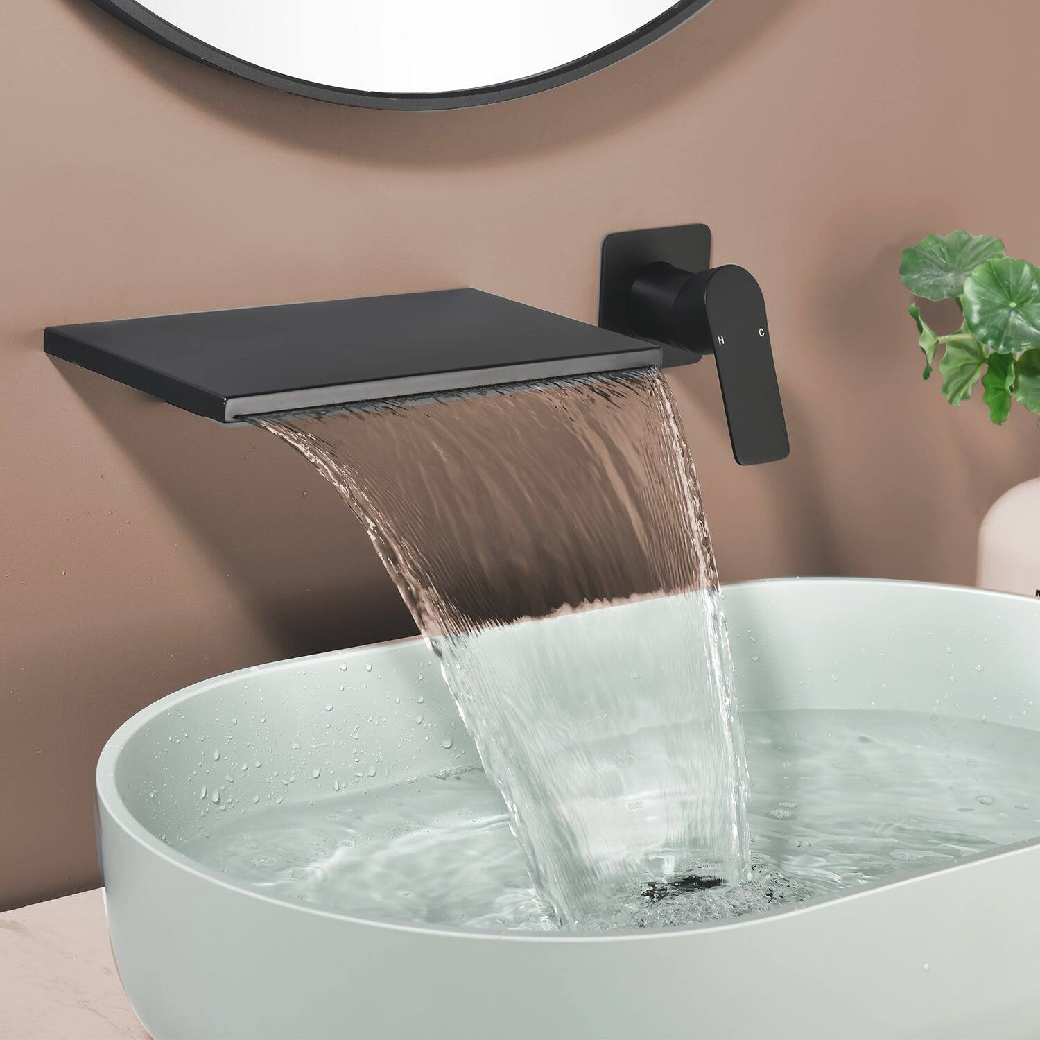 Alt View 1. Boyel Living - Black Wall Mount Faucet SUS304 Waterfall Spout Brass Body Single Handle 1/2NPT Thread - Matte Black.