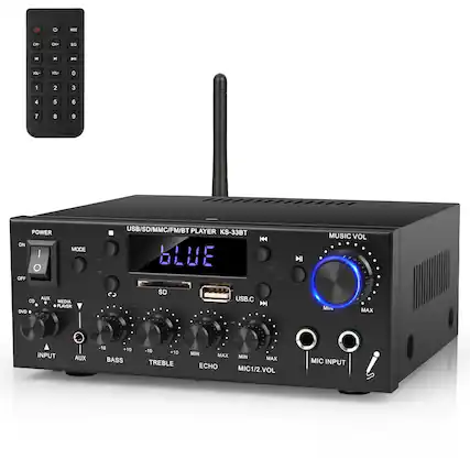 - CH Cas DI
- VIL D 1 2 3 4 5 6 7 8 9
- POWER ON
- MODE
- USB/SD/MMC/FM/BT PLAYER KS-33BT
- MUSIC VOL
- CD DVD AUX MEDIA PLAYER
- SD USB.C
- INPUT T0k AUX
- BASS -10 +10
- TREBLE MIN MAX
- ECHO
- MIC1/2.VOL
- MIC INPUT