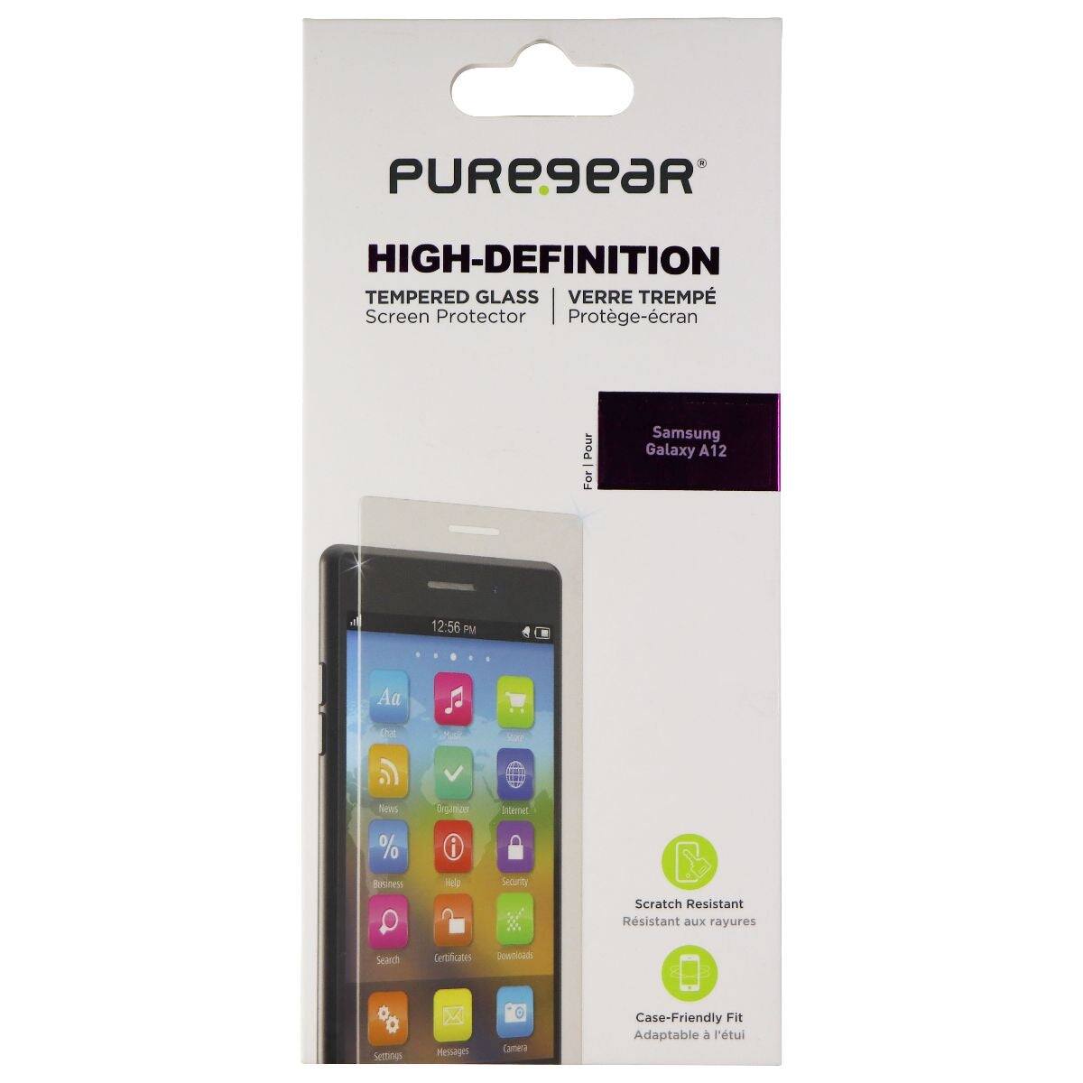 PUREgeaR HIGH-DEFINITION TEMPERED GLASS VERRE TREMPÉ Screen Protector Protège-écran Pour Samsung Galaxy A12

12:56 PM

Aa OE Nees % Benites Diginuer i Nl Iidet Selurity Scratch Resistant Resistant aux rayures

Seath Cetifiuates Dowtan setting Messages smL Case-Friendly Fit Adaptable à l'étui