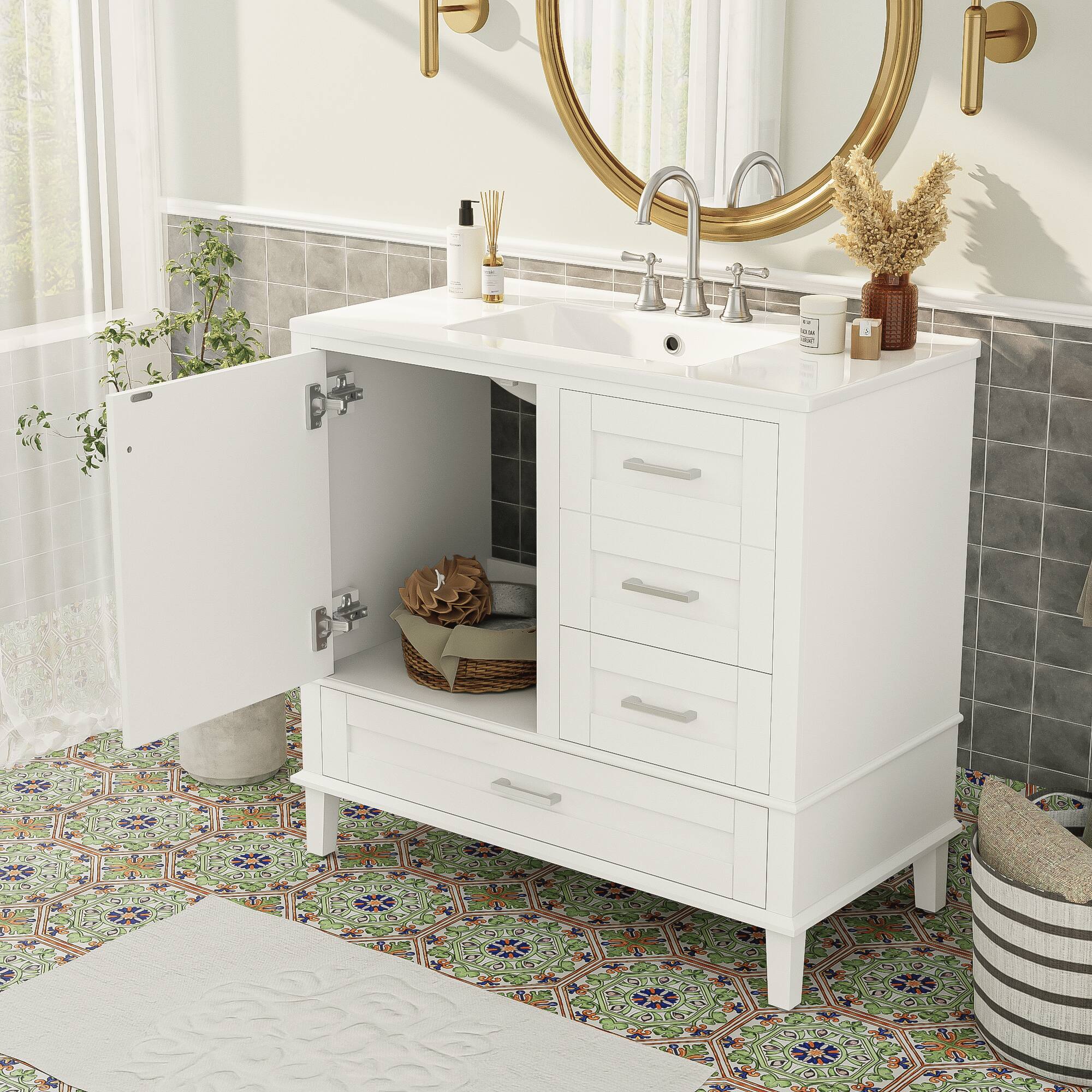 Left. Mirfee - 36" Bathroom Vanity with Solid Pine Frame, Soft Close Door, 3 Drawers - White.