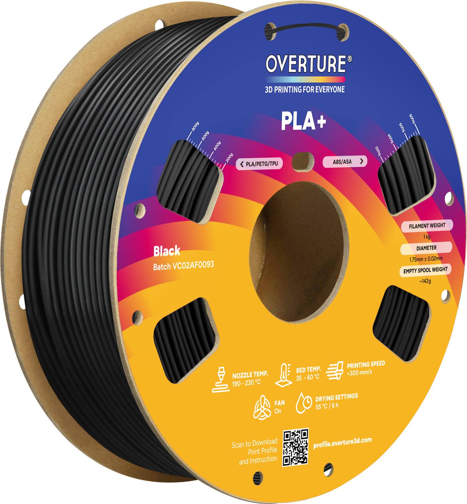 OVERTURE  
3D PRINTING FOR EVERYONE  

PLA+  
Black  
Batch VC02AF0093  

FILAMENT WEIGHT: 1kg  
DIAMETER: 1.75mm ± 0.02mm  
EMPTY SPOOL WEIGHT: -142g  

NOZZLE TEMP: 190 - 230°C  
BED TEMP: 35 - 60°C  
PRINTING SPEED: <300 mm/s  
FAN: On  
DRYING SETTINGS: 55°C / 6h  

Scan to Download Print Profile and Instruction  
profile.overture3d.com