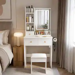 RYHNUYNE - Modern Small Vanity Desk, 3 LED Lighting Modes, 3 Drawers, Open Shelves, Hair Dryer Holder - White