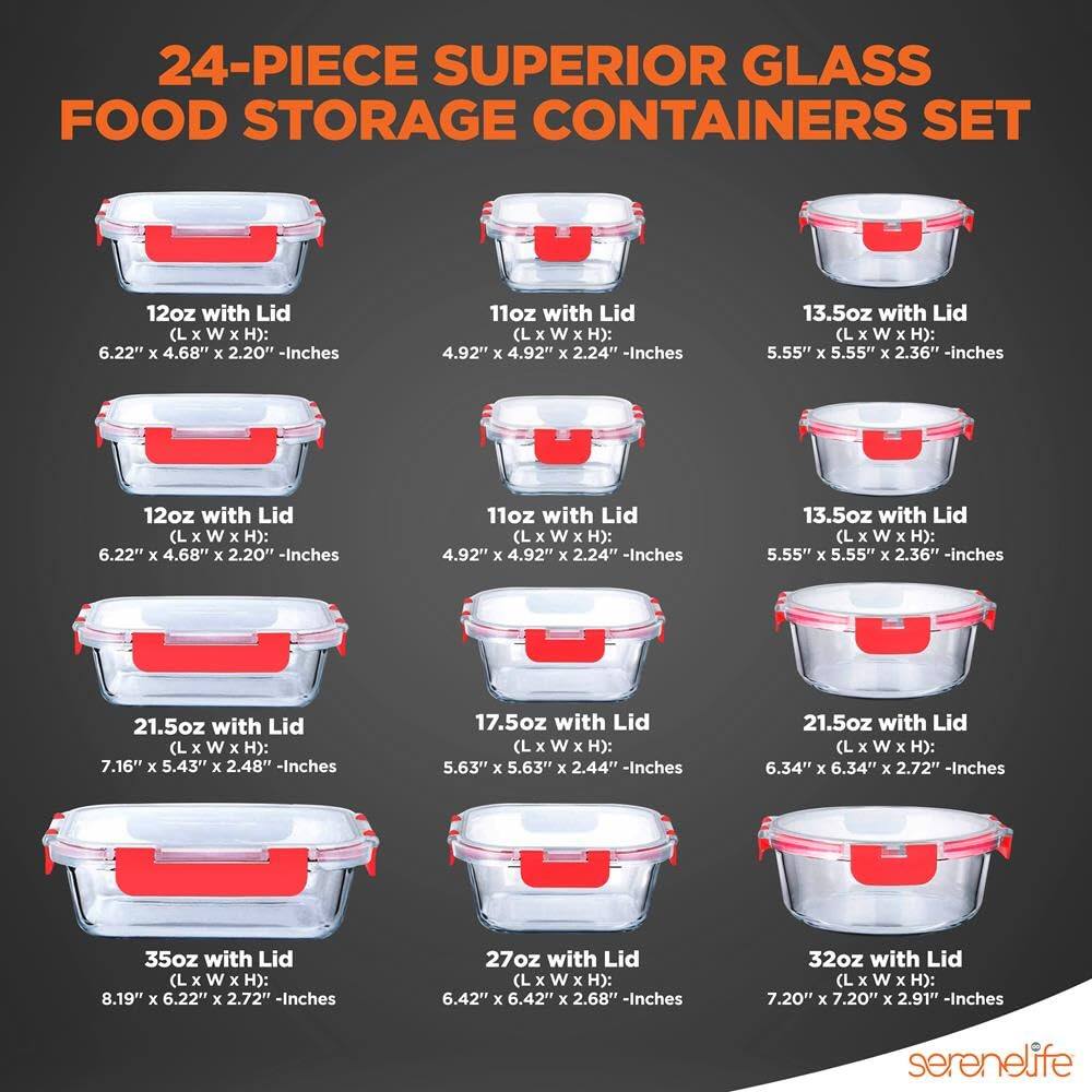 24-PIECE SUPERIOR GLASS FOOD STORAGE CONTAINERS SET

- 12oz with Lid (L x W x H): 6.22" x 4.68" x 2.20" - Inches
- 11oz with Lid (L x W x H): 4.92" x 4.92" x 2.24" - Inches
- 13.5oz with Lid (L x W x H): 5.55" x 5.55" x 2.36" - Inches
- 12oz with Lid (L x W x H): 6.22" x 4.68" x 2.20" - Inches
- 11oz with Lid (L x W x H): 4.92" x 4.92" x 2.24" - Inches
- 13.5oz with Lid (L x W x H): 5.55" x 5.55" x 2.36" - Inches
- 21.5oz with Lid (L x W