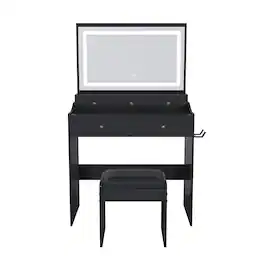 COWLOWN - Large Mirror Vanity Desk Power Outlet Hair Dryer Holder 5 Drawers 3 Light Colors Bedroom - Black