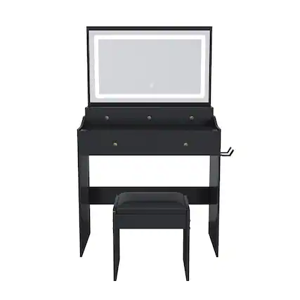 Front. Ecooso - Large Mirror Vanity Desk with Power Outlet, Hair Dryer Holder, 5 Drawers, 3 Adjustable Lighting Colors - Black.