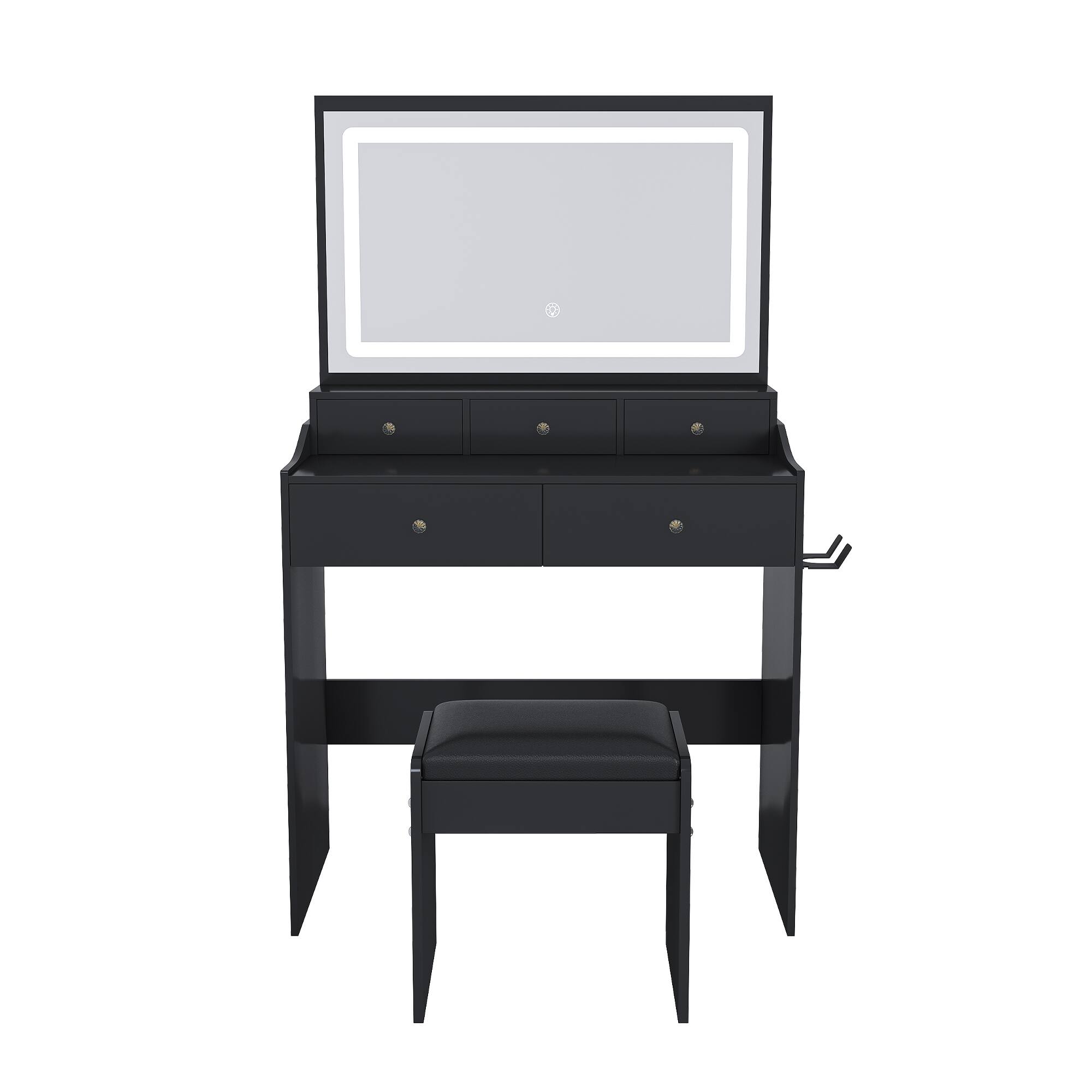 Front. COWLOWN - Large Mirror Vanity Desk Power Outlet Hair Dryer Holder 5 Drawers 3 Light Colors Bedroom Black - Black.