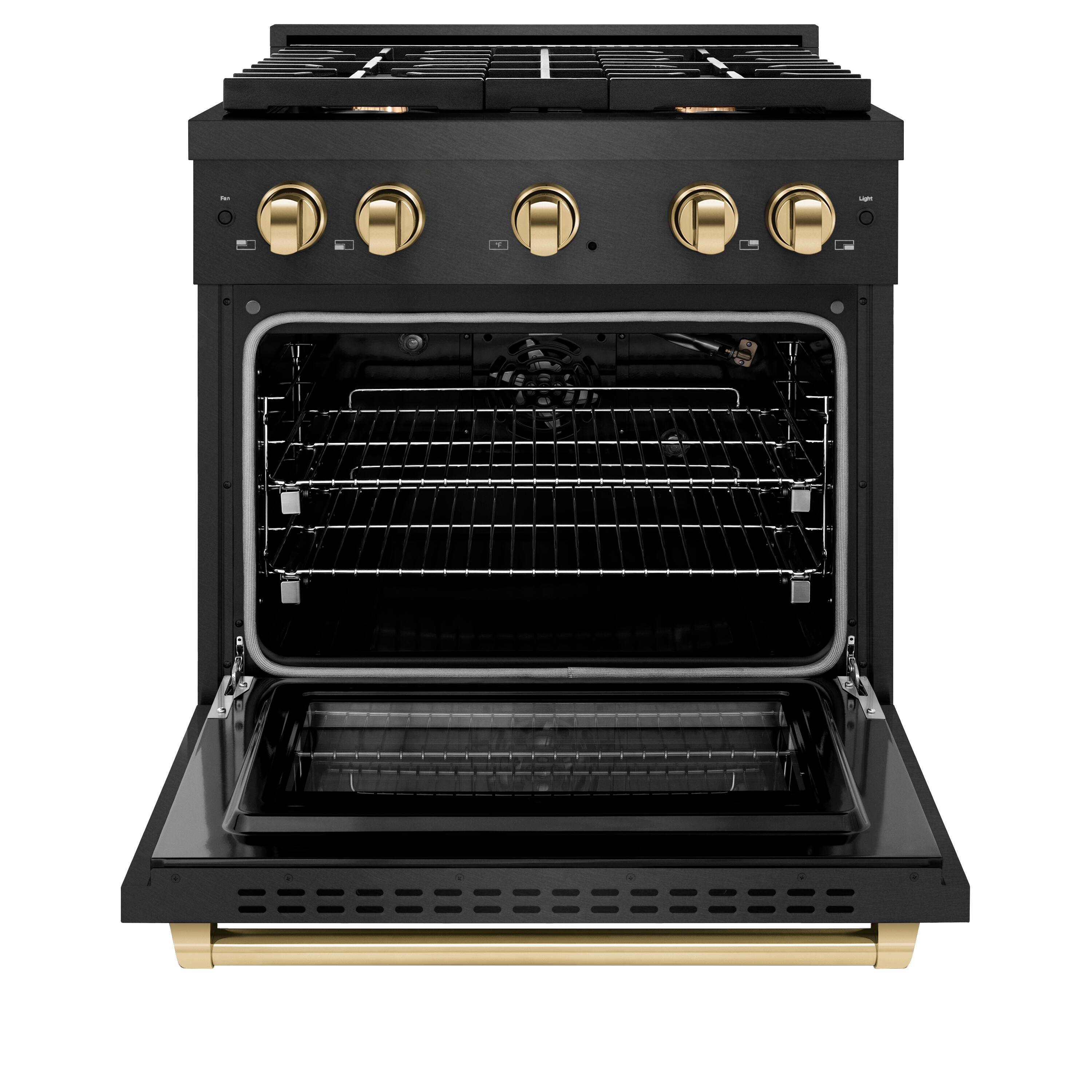 Angle. ZLINE - ZLINE Autograph 30 in. 4.2 cu. ft. Manual Clean Freestanding Gas Range in Black Satin Stainless Steel and Gold Accents - Black Satin Stainless Steel.