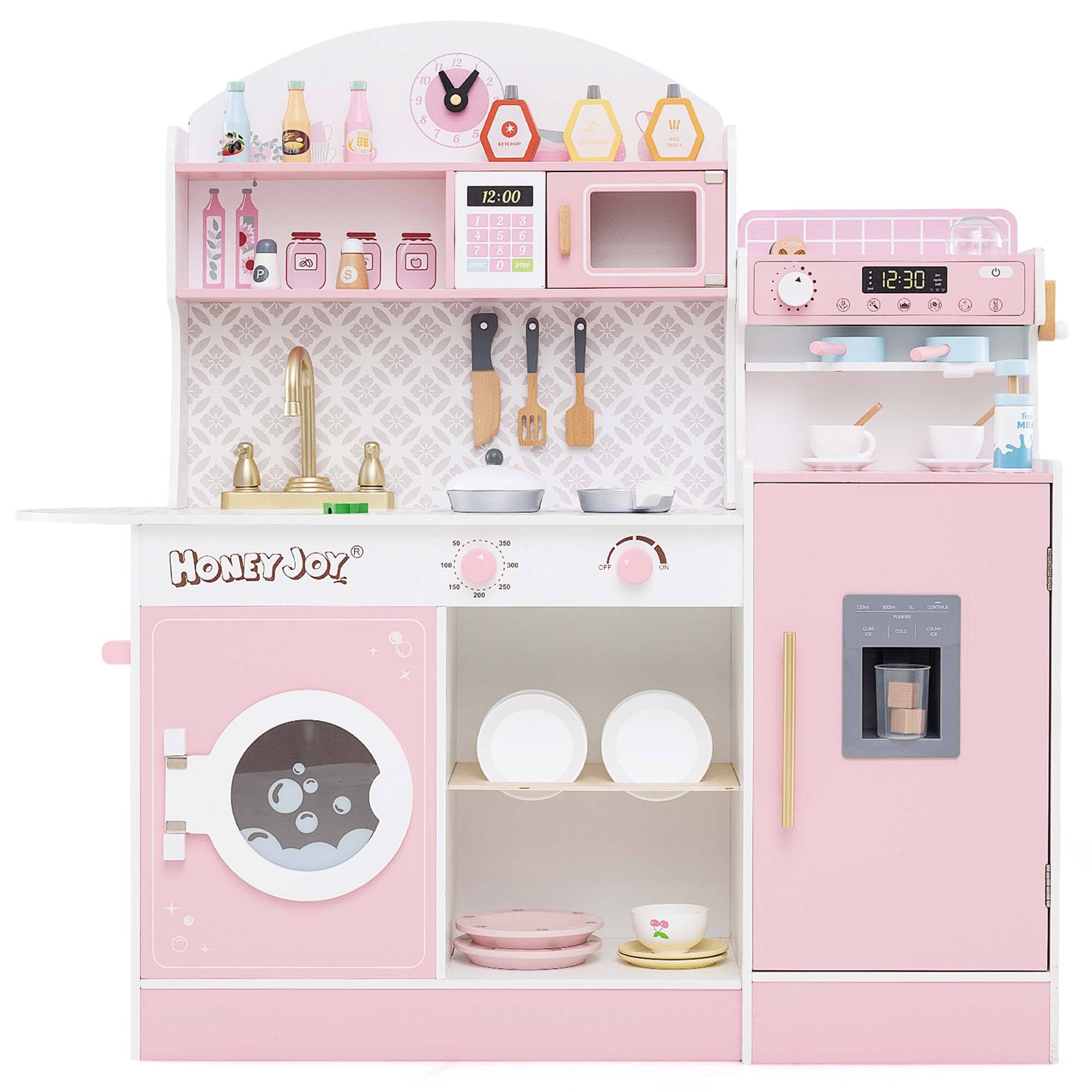 Costway - Honeyjoy Kids Kitchen Set Wooden Kitchen Playset with Clock, Microwave, Sink, Dish Rack - Pink