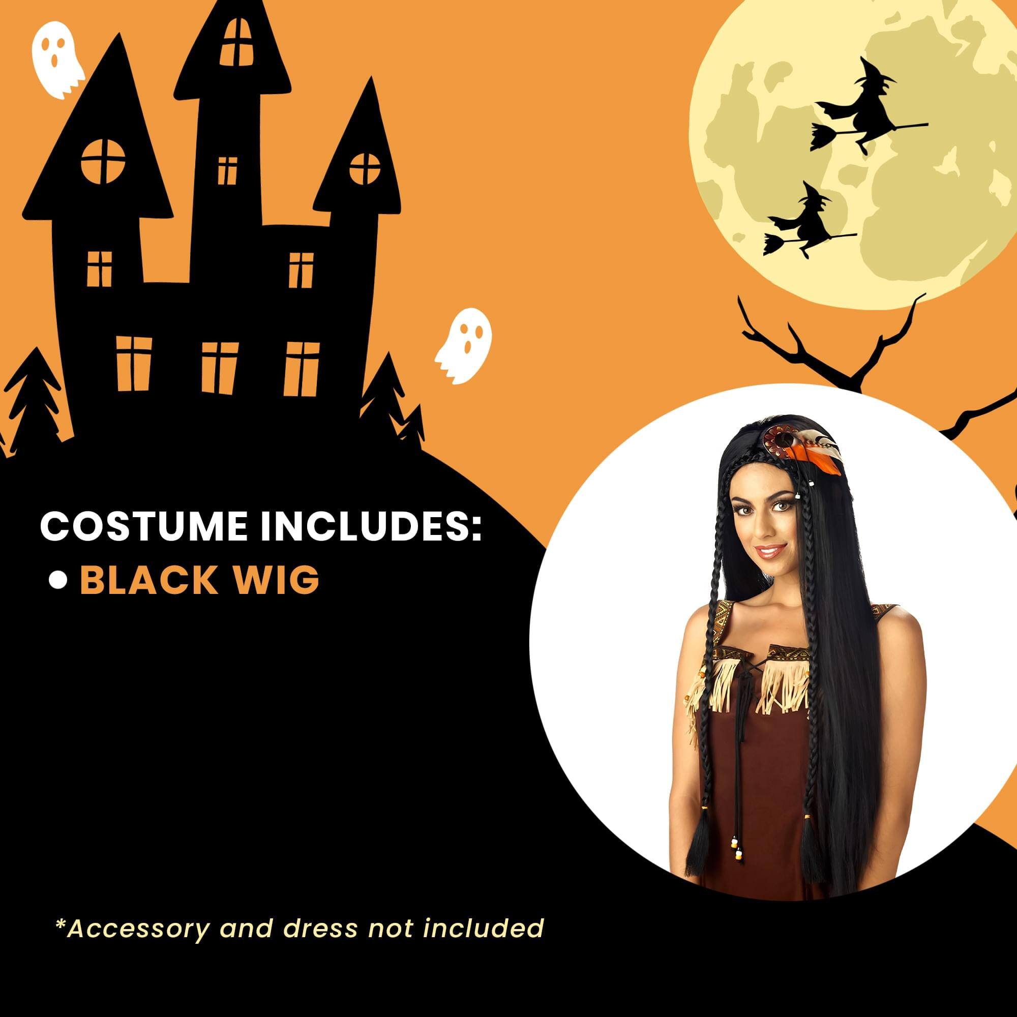 COSTUME INCLUDES:  
- BLACK WIG  

*Accessory and dress not included