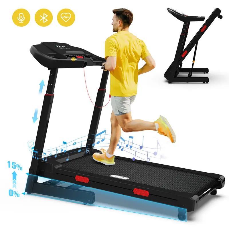 Redliro - Foldable Treadmill, 15% Auto Incline, 350lbs Capacity, Bluetooth, Voice Control, Heart Rate for Home/Office - Black