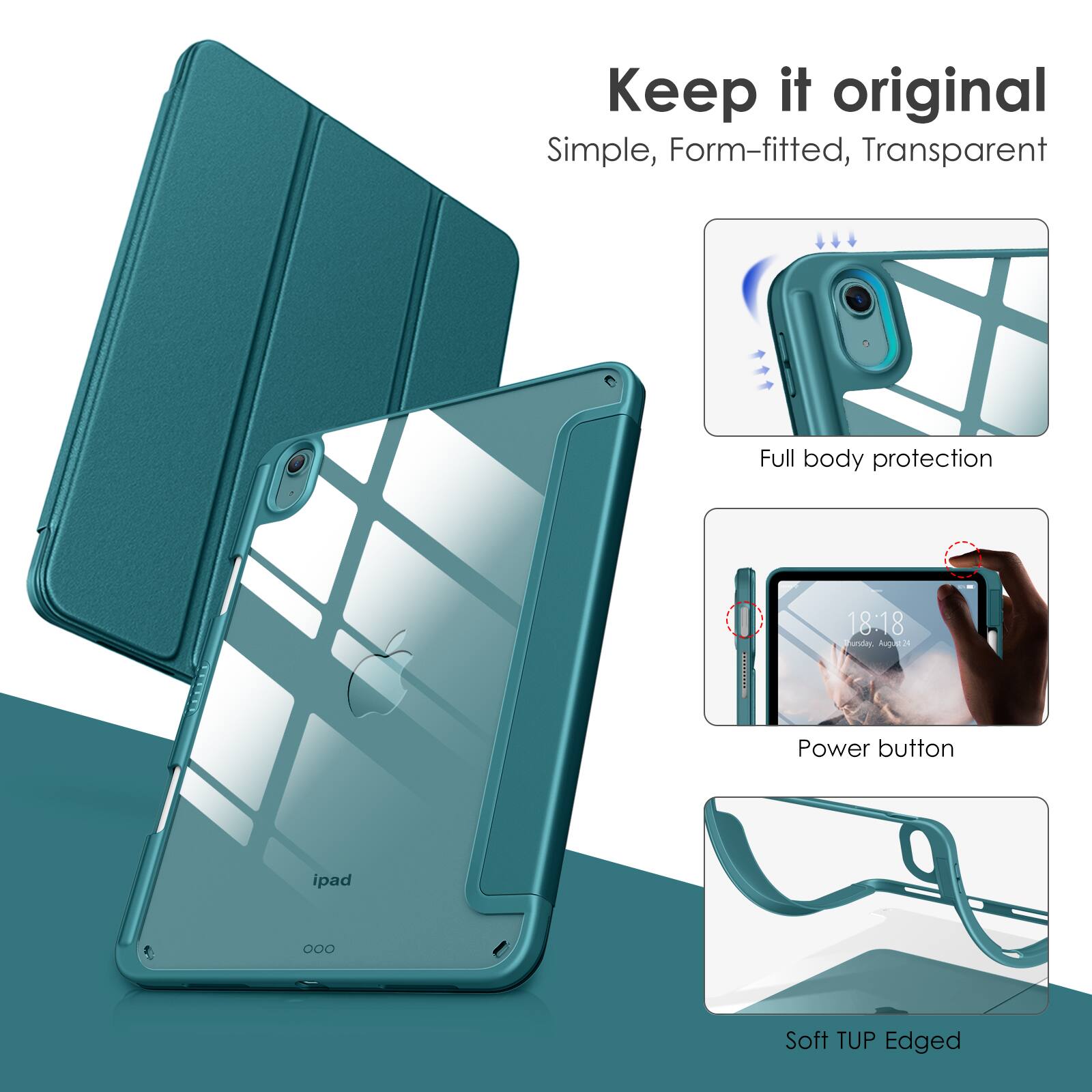 Keep it original  
Simple, Form-fitted, Transparent  

Full body protection  

Power button  

Soft TUP Edged