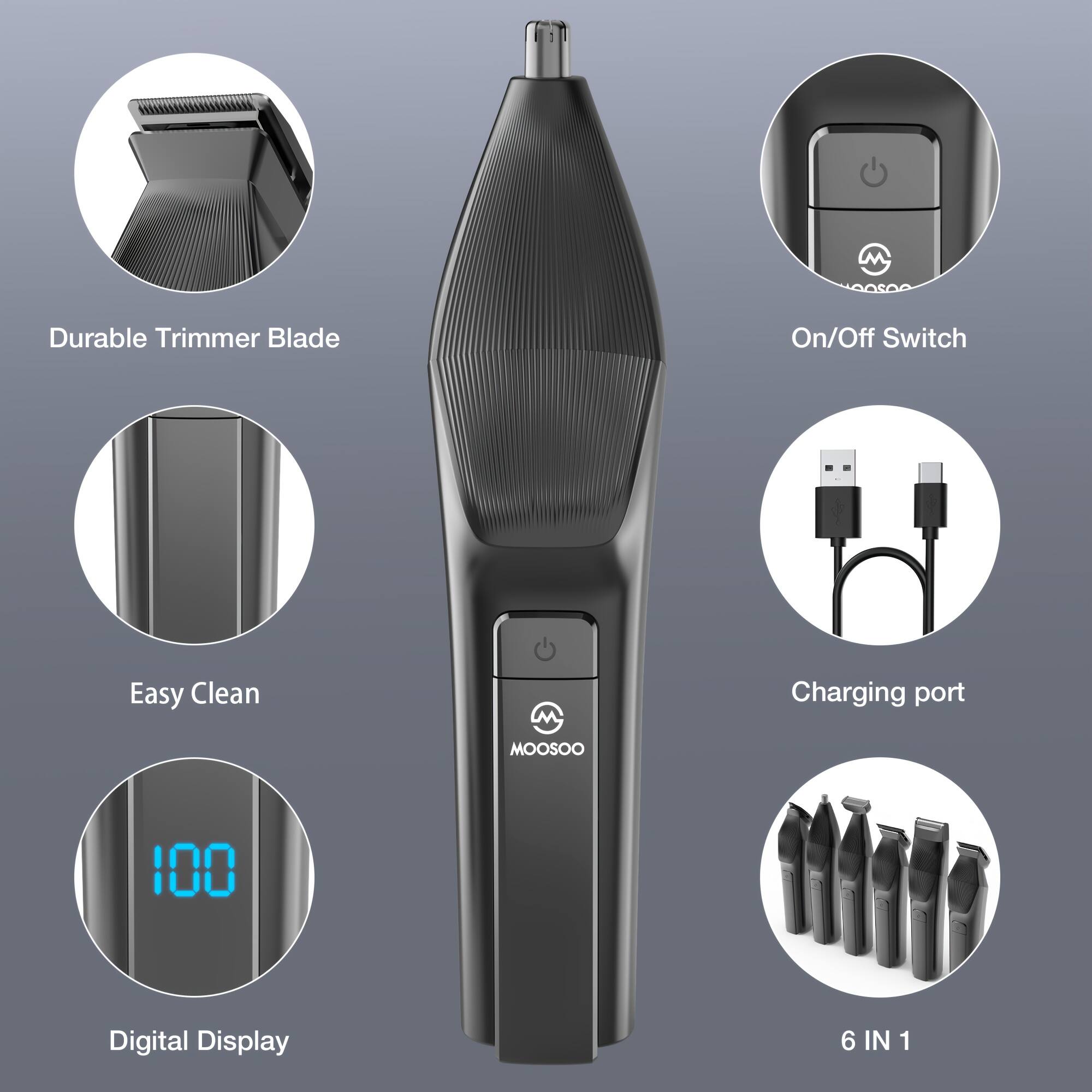 Durable Trimmer Blade, On/Off Switch, Easy Clean, Charging port, Digital Display, 6 IN 1