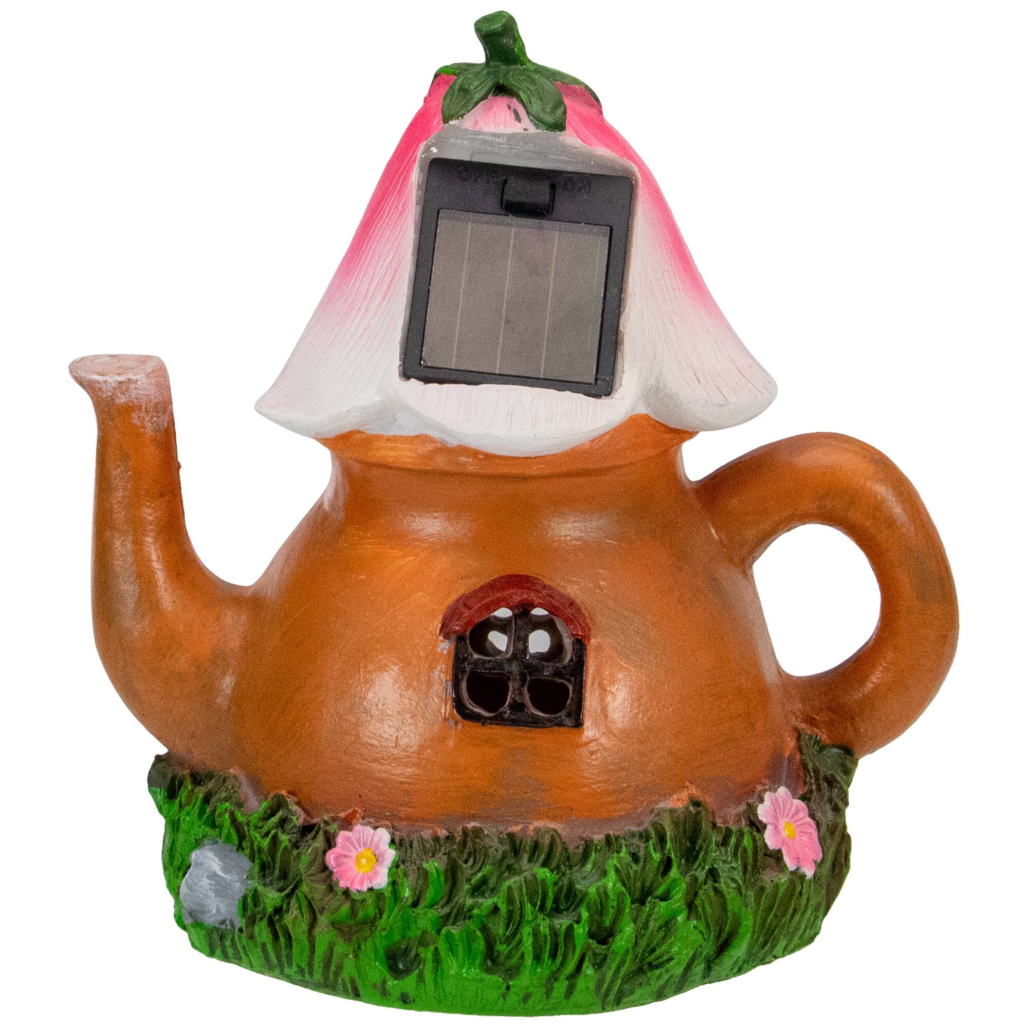 Alt View 4. Northlight - 7" Solar Lighted Flower Teapot Outdoor Garden Statue - Brown.