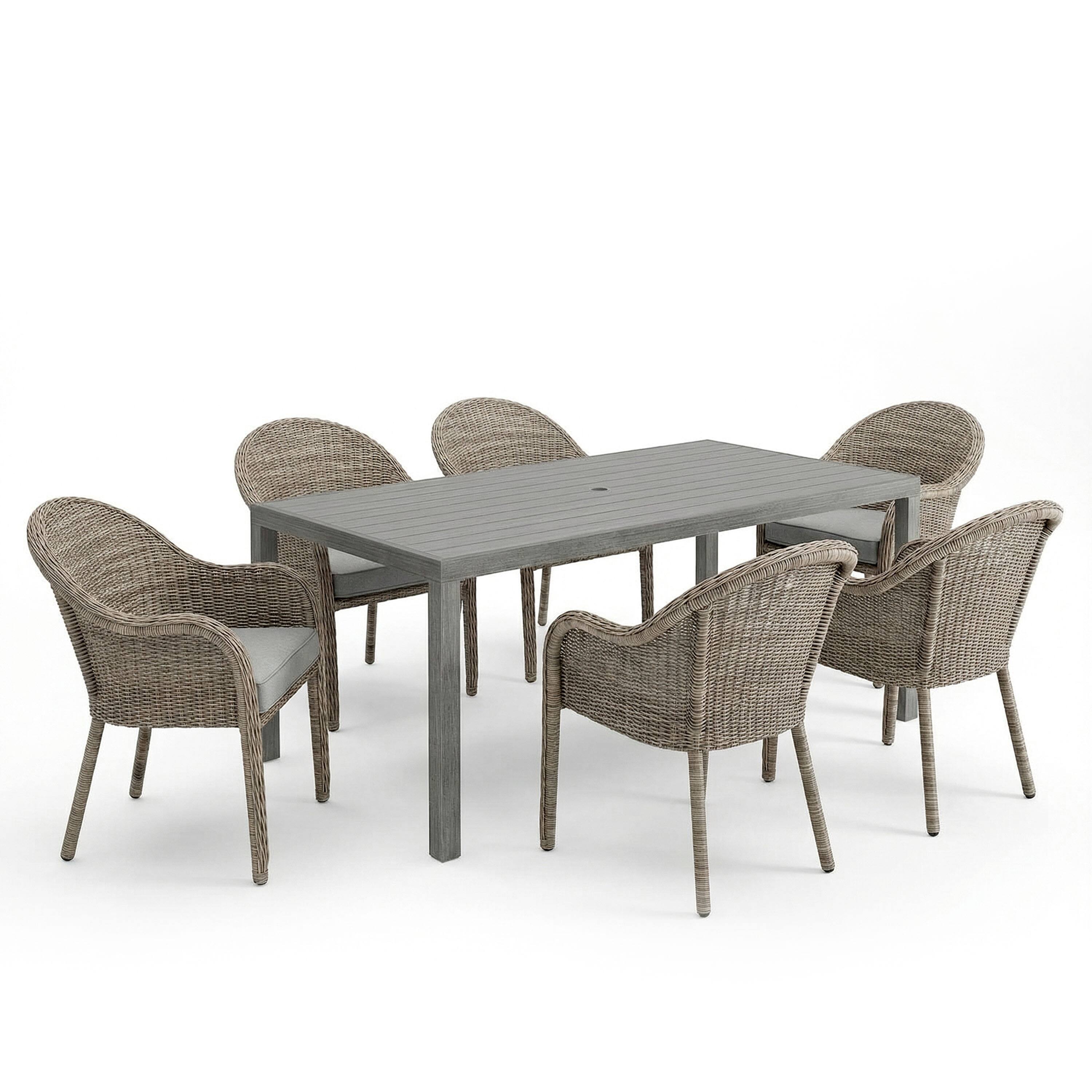 Front. Martha Stewart - Bedford 7 Piece Patio Set, 6 Stacking Rattan Wicker Chairs with Cushions, 62 Inch Rectangular Aluminum Table - Gray.