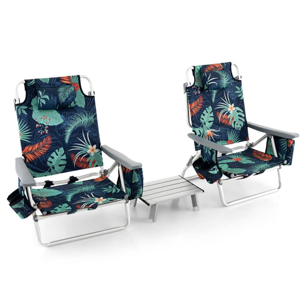 Pefilos - 2 Packs 5-Position Outdoor Folding Backpack Beach Table Chair Reclining Chair Set- Folding Beach Chair - Green