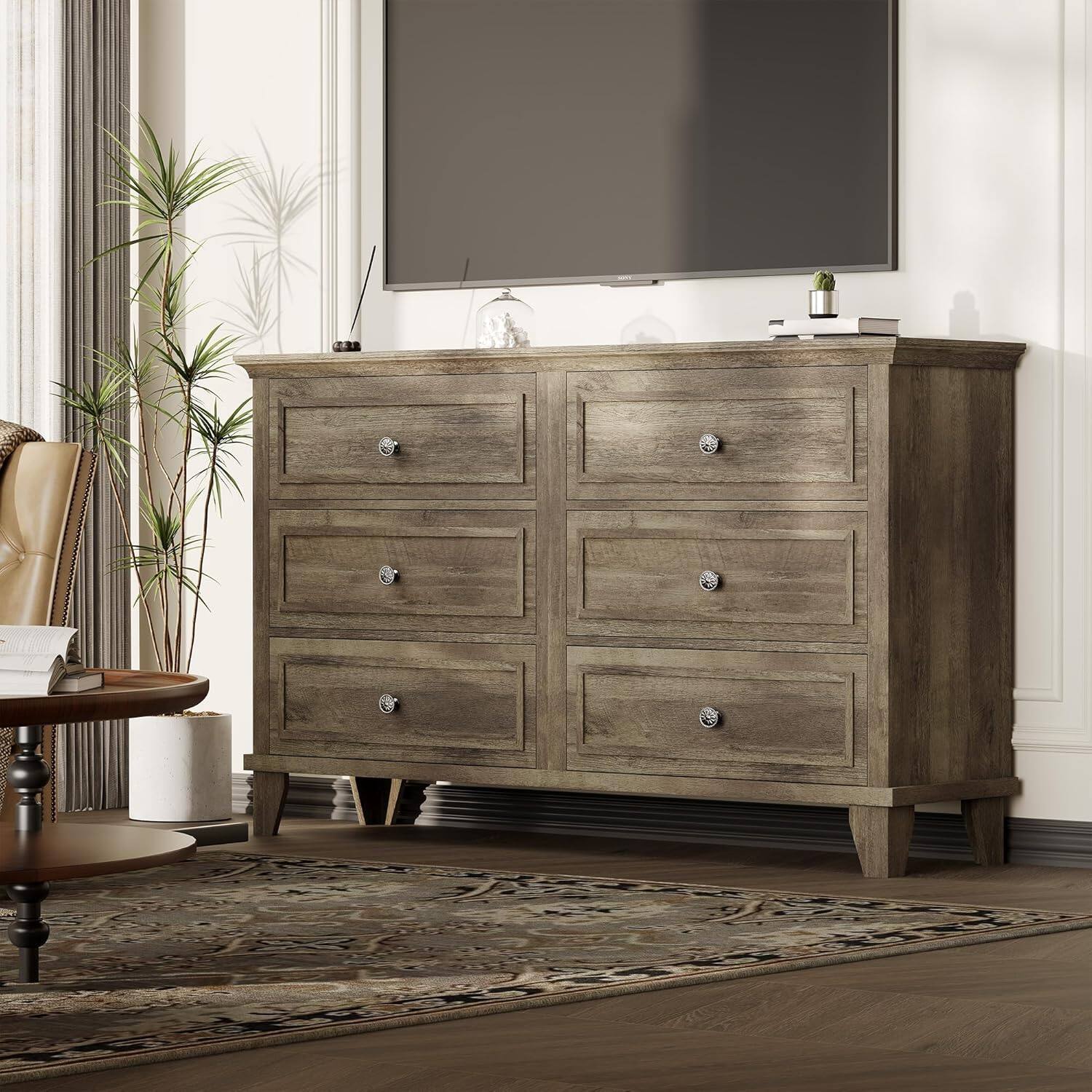 Left. GARVEE - 6 Drawer Dresser, Wooden Storage Chest of Drawers with Exquisite Metal Handles, Large Wide Dresser TV Stand - Grey.