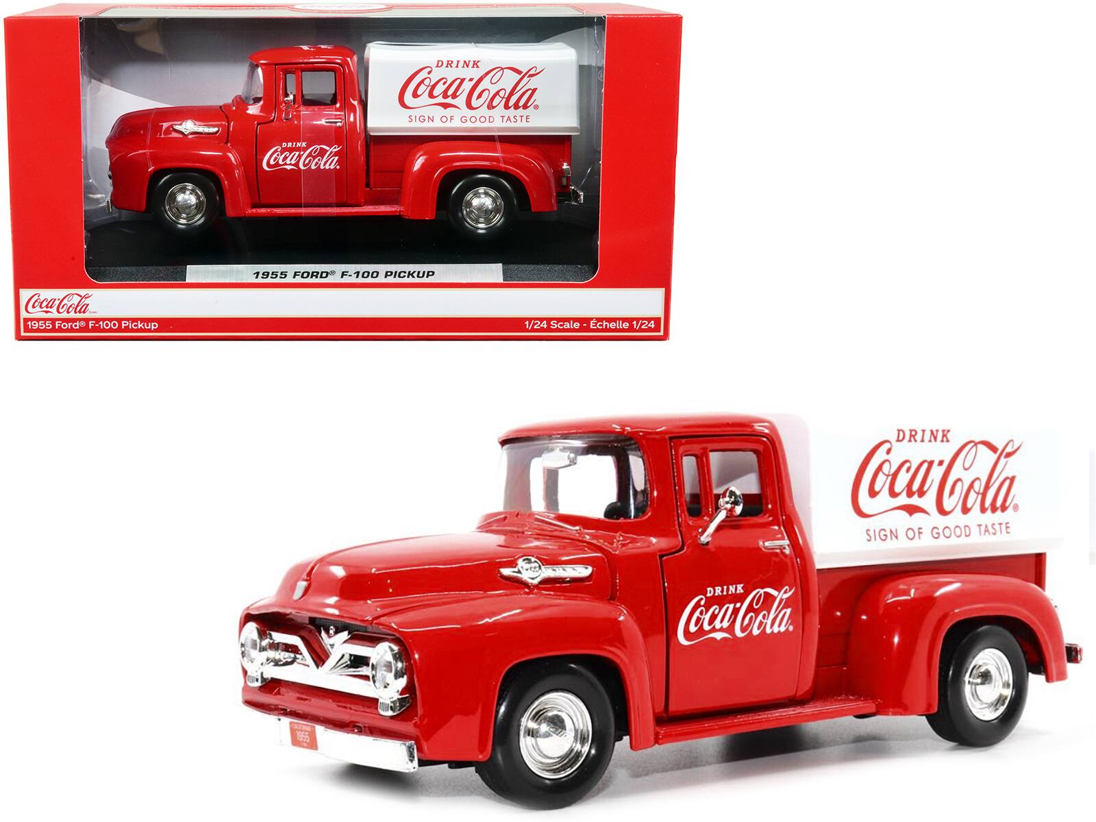 DRINK Coca-Cola  
SIGN OF GOOD TASTE  

1955 FORD F-100 PICKUP  

1/24 Scale - Échelle 1/24  

Coca-Cola  
1955 Ford F-100 Pickup  

DRINK Coca-Cola  
SIGN OF GOOD TASTE